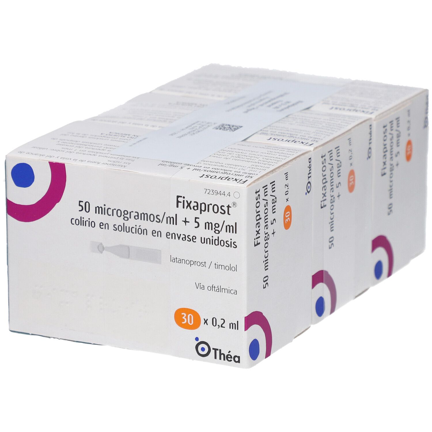 Karton mit FIXAPROST Augentropfen. Aufdruck: 50 Mikrogramm/ml + 5 mg/ml, 30 x 0,2 ml. Marke: Thea.