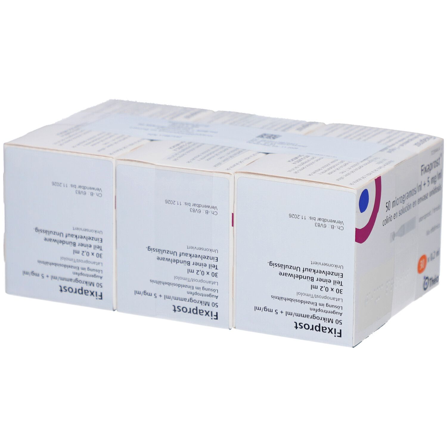 Mehrere Kartons FIXAPROST Augentropfen. Aufdruck: 50 Mikrogramm/ml + 5 mg/ml, 30 x 0,2 ml. Marke: Thea.