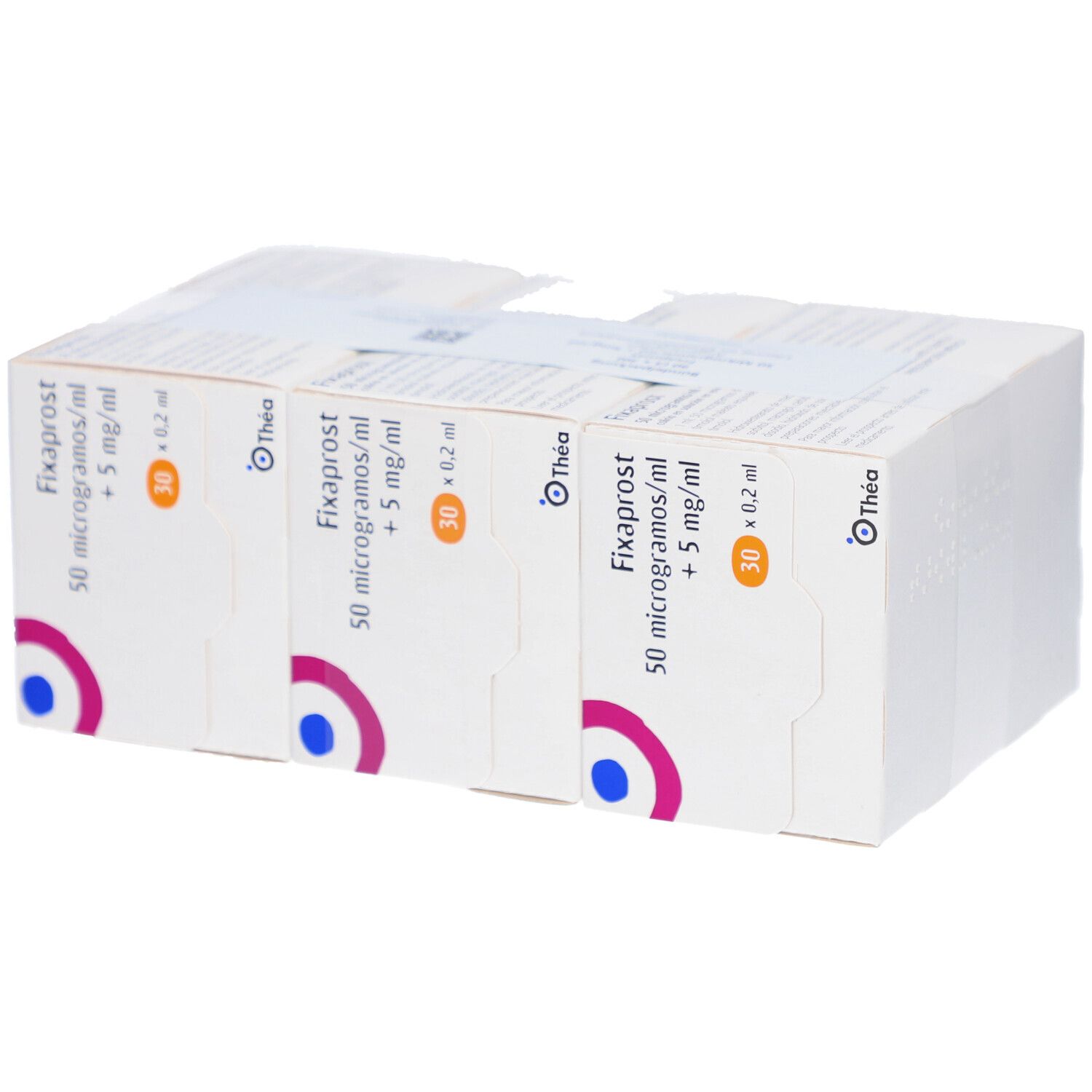 Mehrere Kartons FIXAPROST Augentropfen. Aufdruck: 50 Mikrogramm/ml + 5 mg/ml, 30 x 0,2 ml. Marke: Thea.