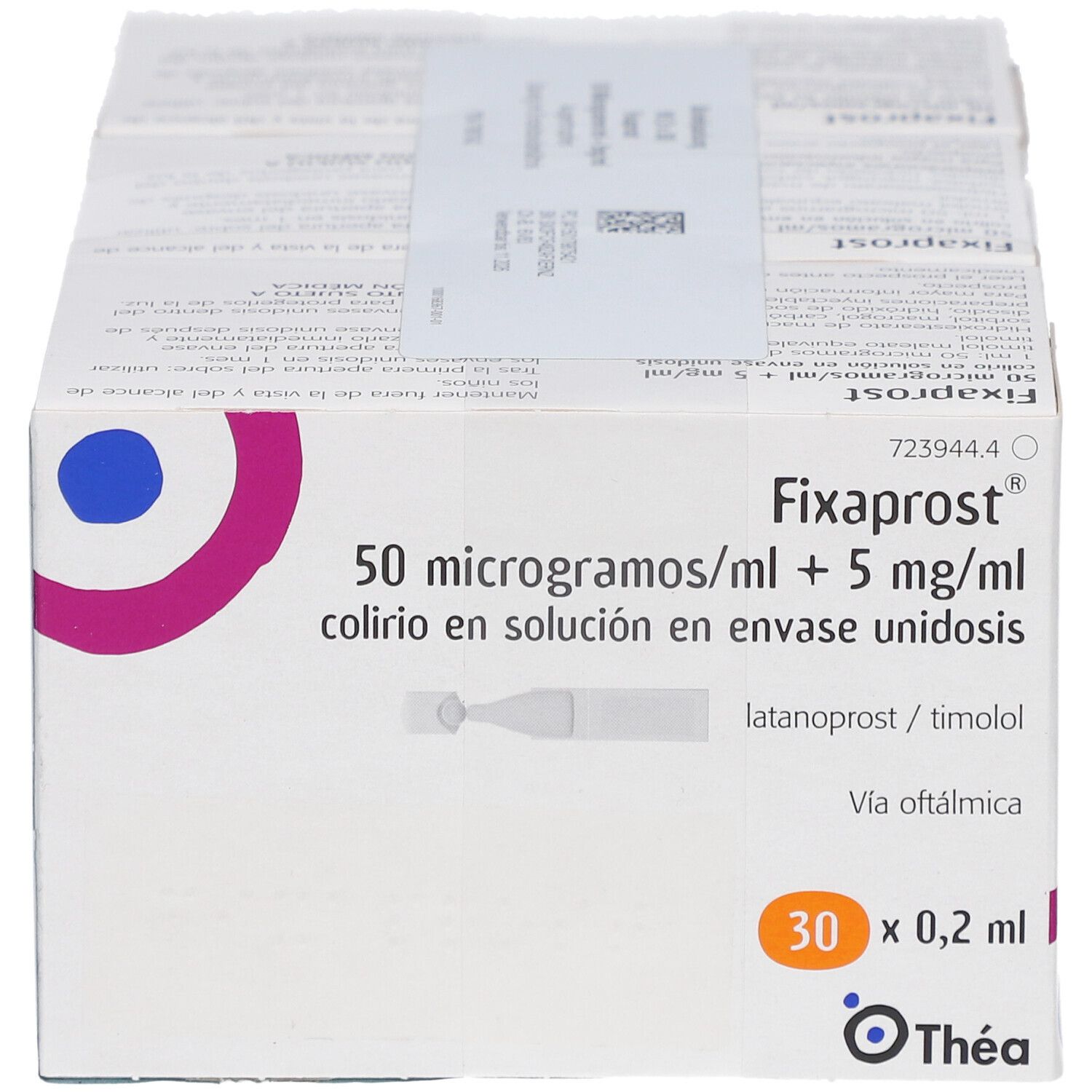 Karton FIXAPROST Augentropfen. Aufdruck: 50 Mikrogramm/ml + 5 mg/ml, 30 x 0,2 ml. Marke: Thea. Einzelampulle.