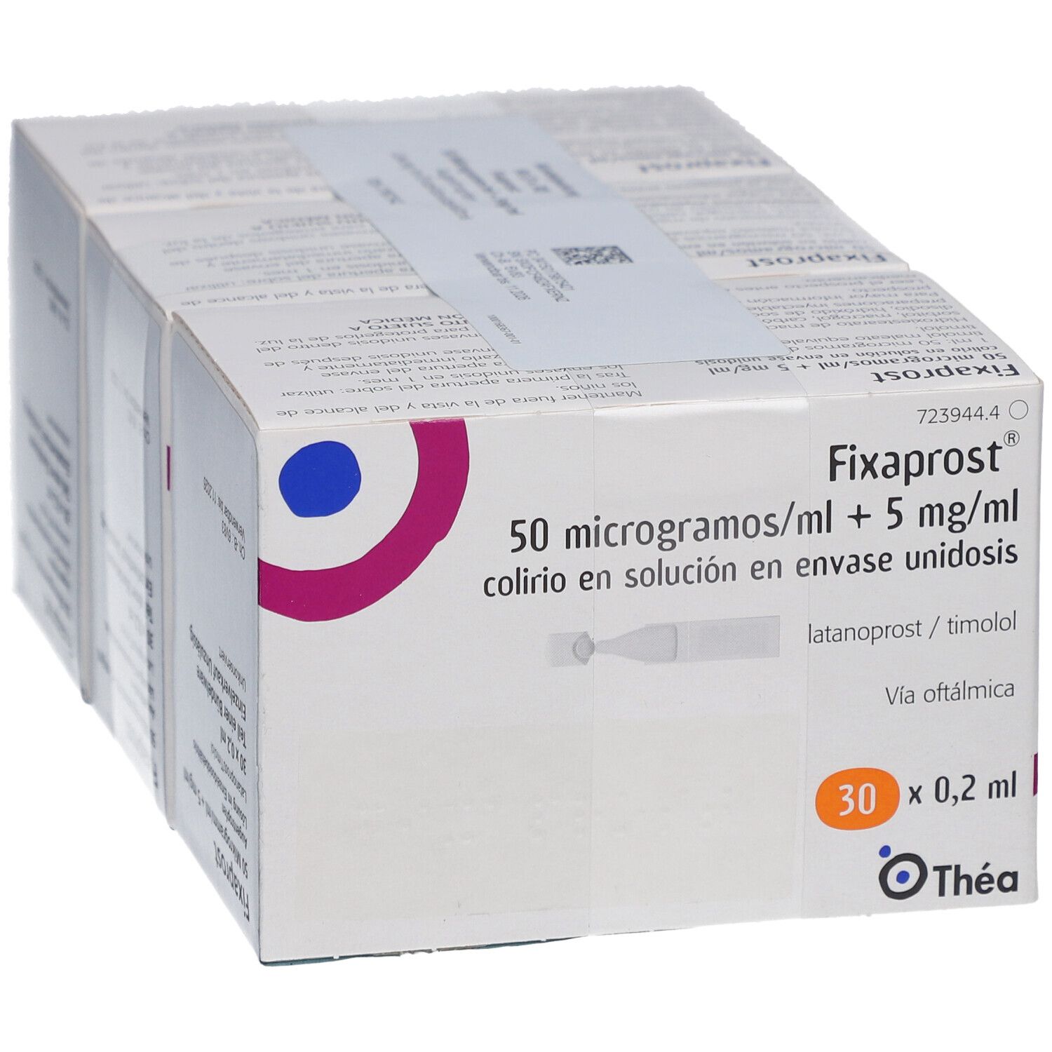 Karton FIXAPROST Augentropfen. Aufdruck: 50 Mikrogramm/ml + 5 mg/ml, 30 x 0,2 ml. Marke: Thea.