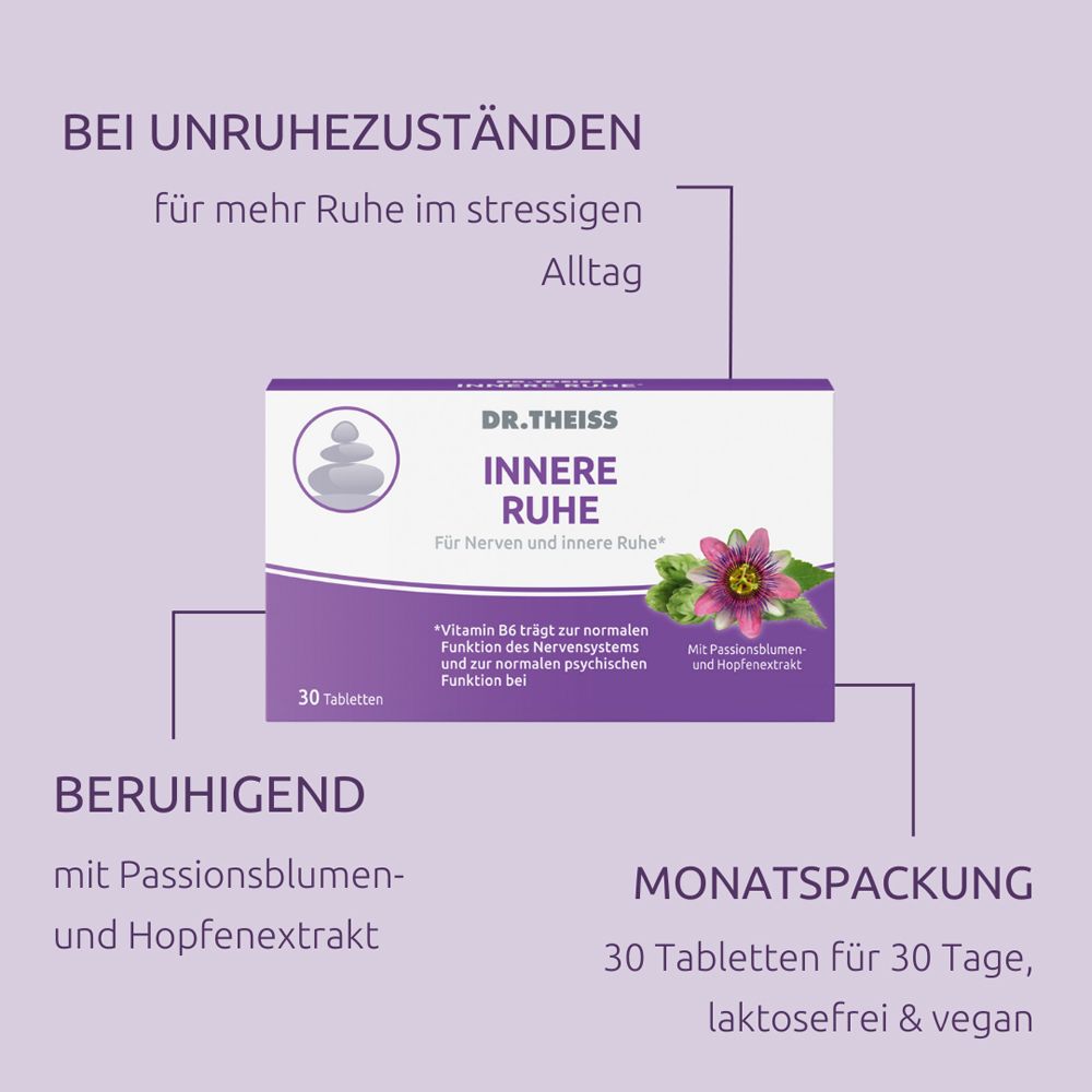 Packung mit Tabletten: DR. THEISS INNERE RUHE. Text: Bei Unruhezuständen. Beruhigend. Monatsverpackung.