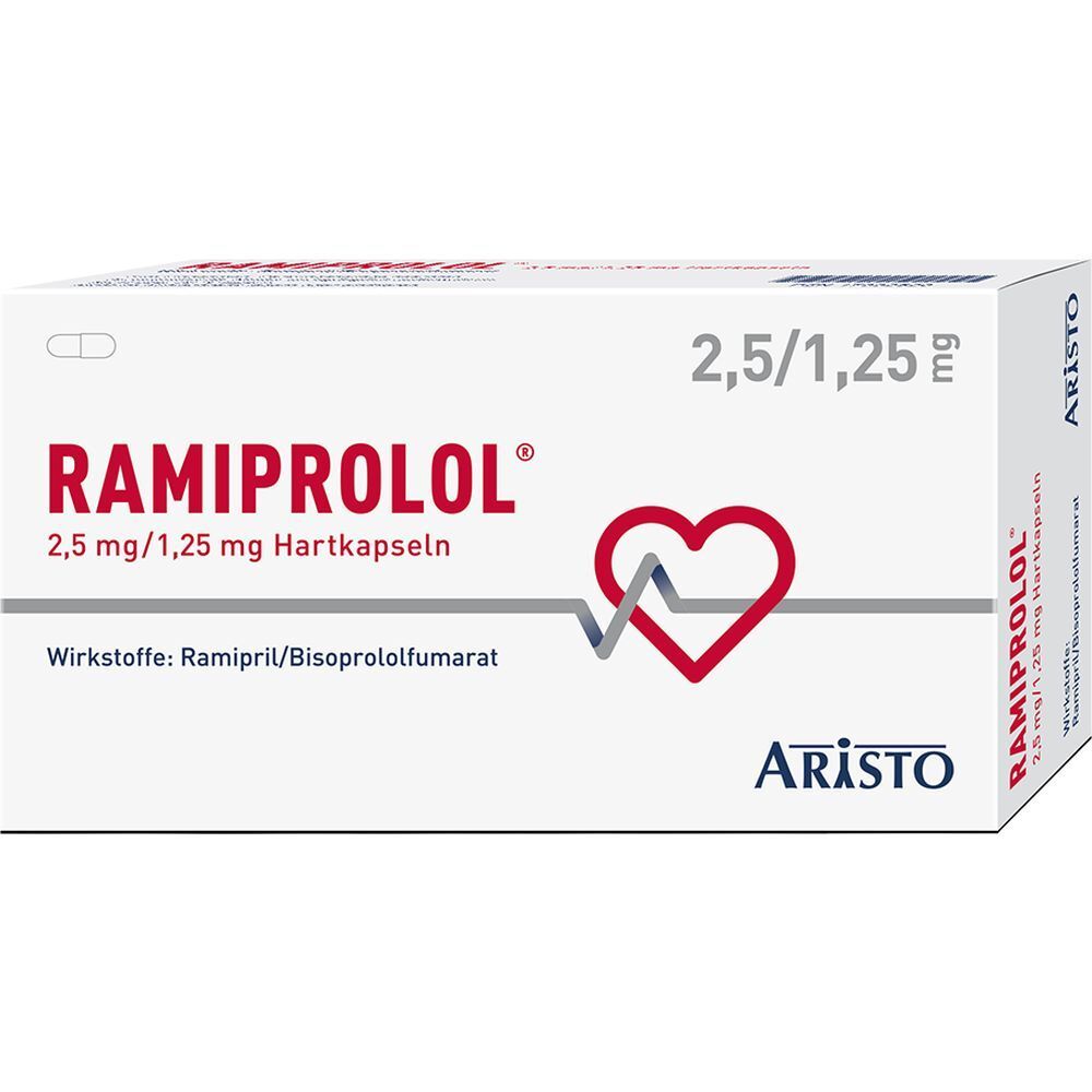 Weiße Arzneimittelverpackung mit rotem Herz-Diagramm. Aufschrift: RAMIPROLOL 2,5 mg/1,25 mg Hartkapseln. Marke: Aristo.