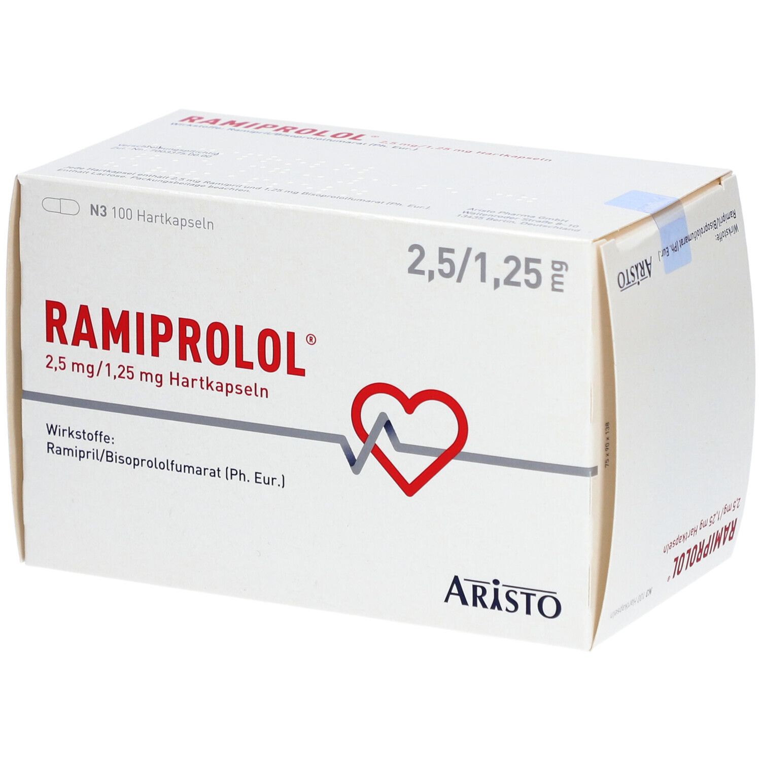 Weiße Kartonverpackung mit RAMIPROLOL-Aufdruck. Enthält 2,5 mg/1,25 mg Hartkapseln. Logo: Herz mit EKG-Linie. Marke: Aristo.