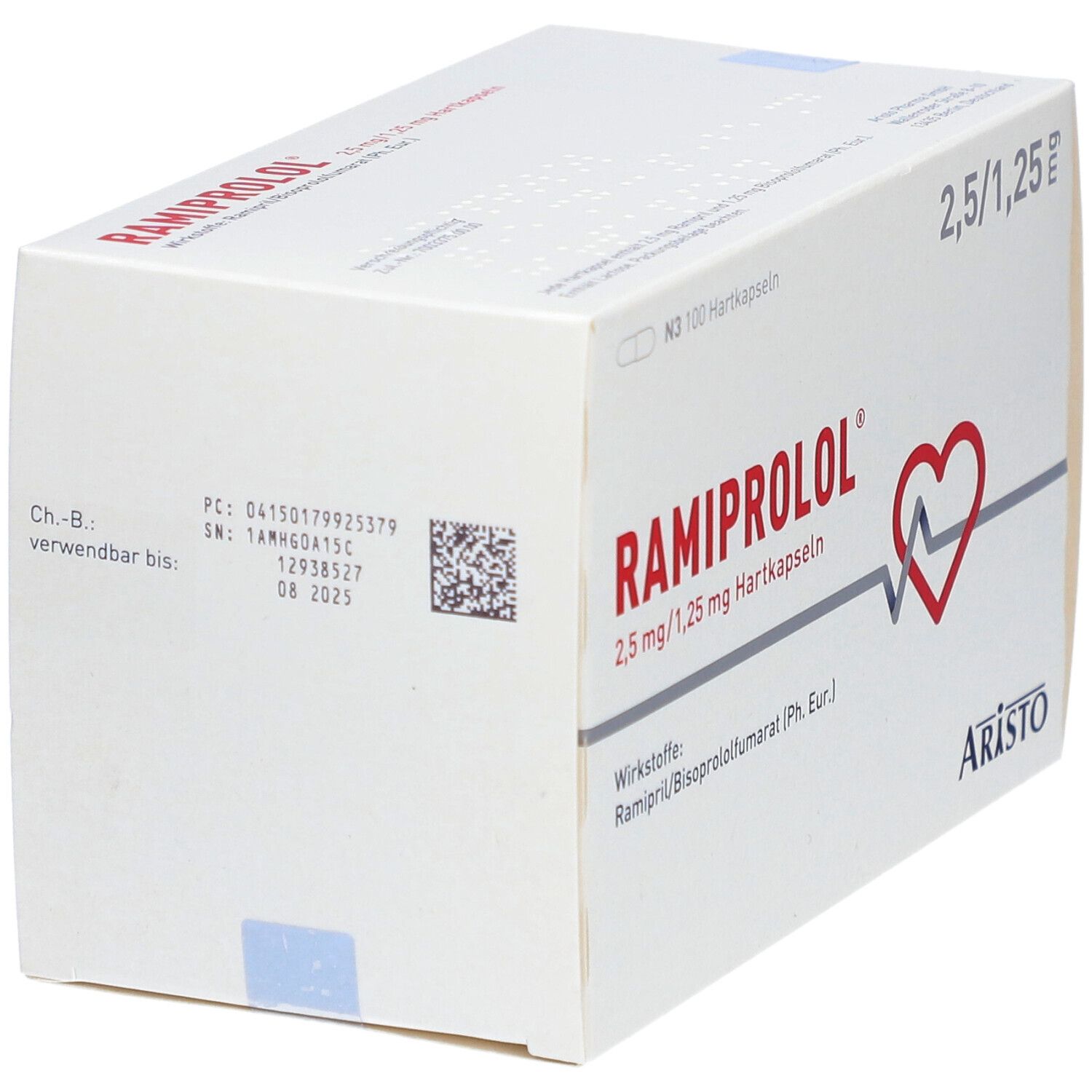 Kartonverpackung mit RAMIPROLOL-Aufdruck. Enthält 2,5 mg/1,25 mg Hartkapseln. Rückseite mit Chargennummer und Verfallsdatum. Marke: Aristo.