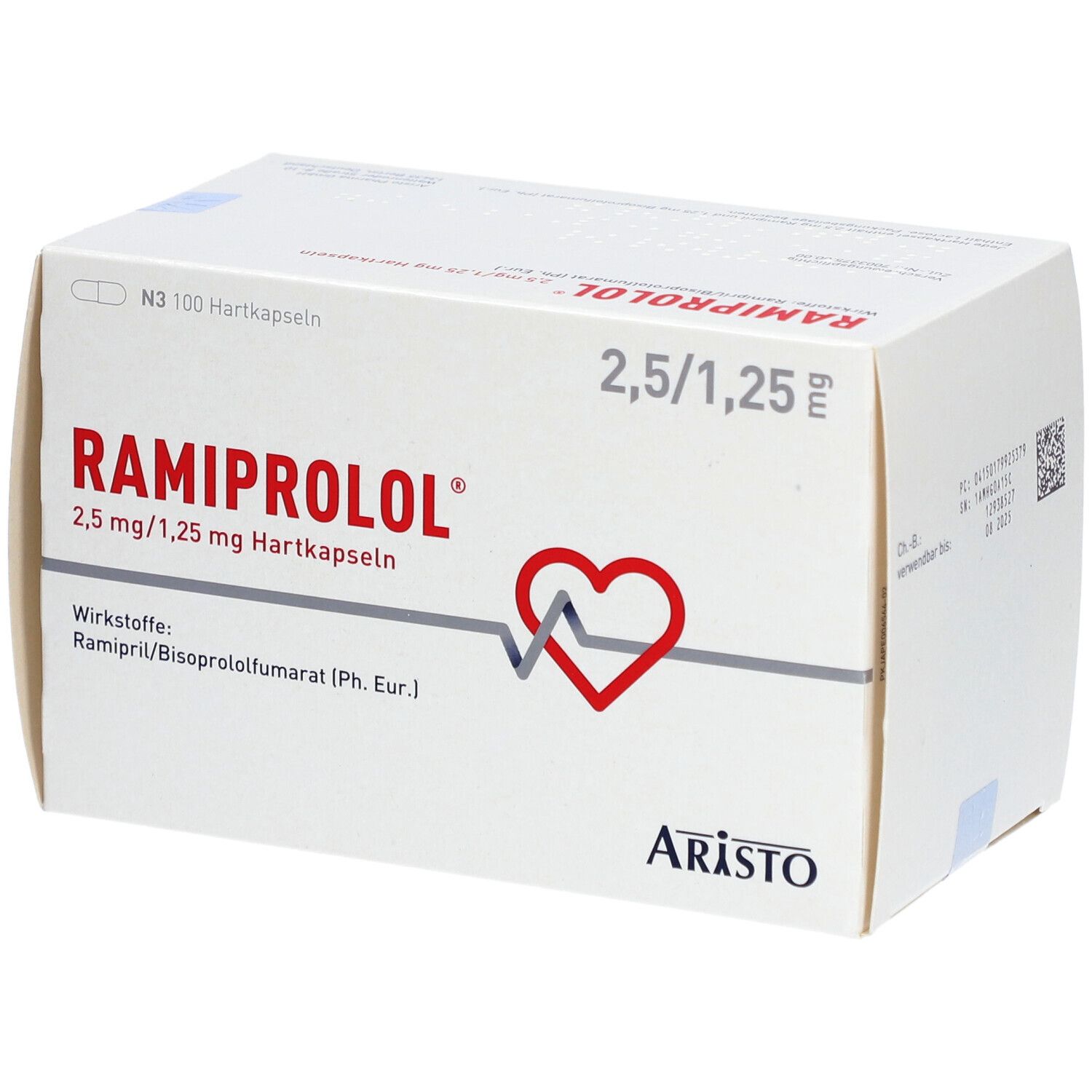 Weiße Kartonverpackung mit RAMIPROLOL-Aufdruck. Enthält 2,5 mg/1,25 mg Hartkapseln. Logo: Herz mit EKG-Linie. Marke: Aristo.