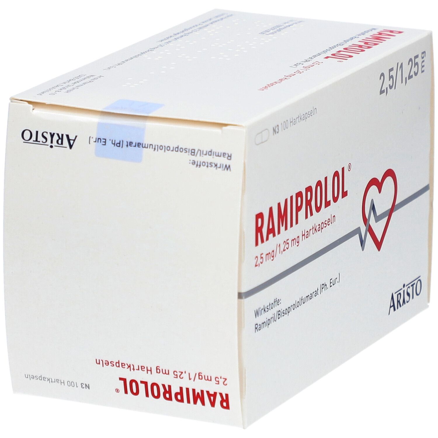 Weiße Kartonverpackung mit RAMIPROLOL-Aufdruck. Enthält 2,5 mg/1,25 mg Hartkapseln. Logo: Herz mit EKG-Linie. Marke: Aristo.