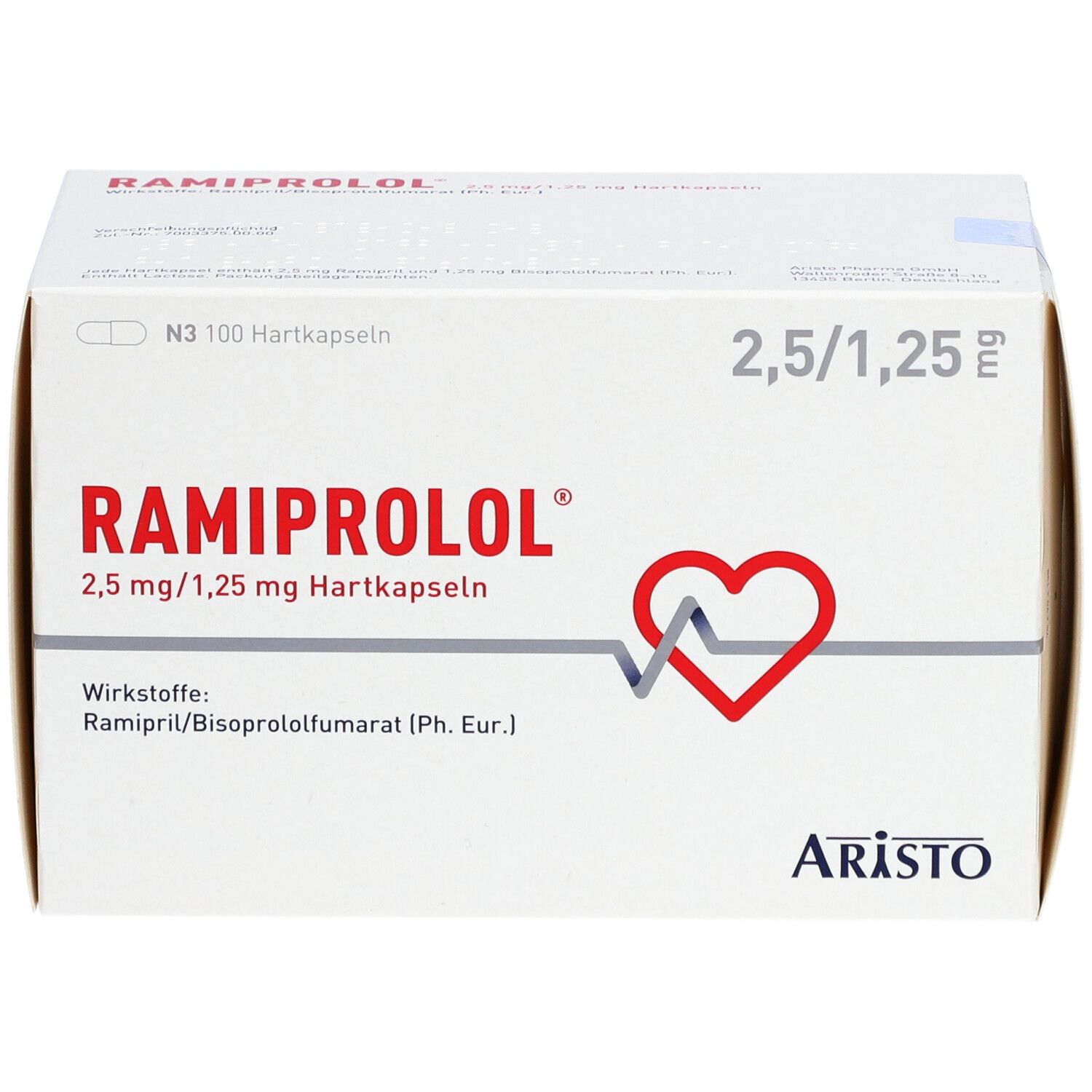 Weiße Kartonverpackung mit RAMIPROLOL-Aufdruck. Enthält 2,5 mg/1,25 mg Hartkapseln. Logo: Herz mit EKG-Linie. Marke: Aristo.