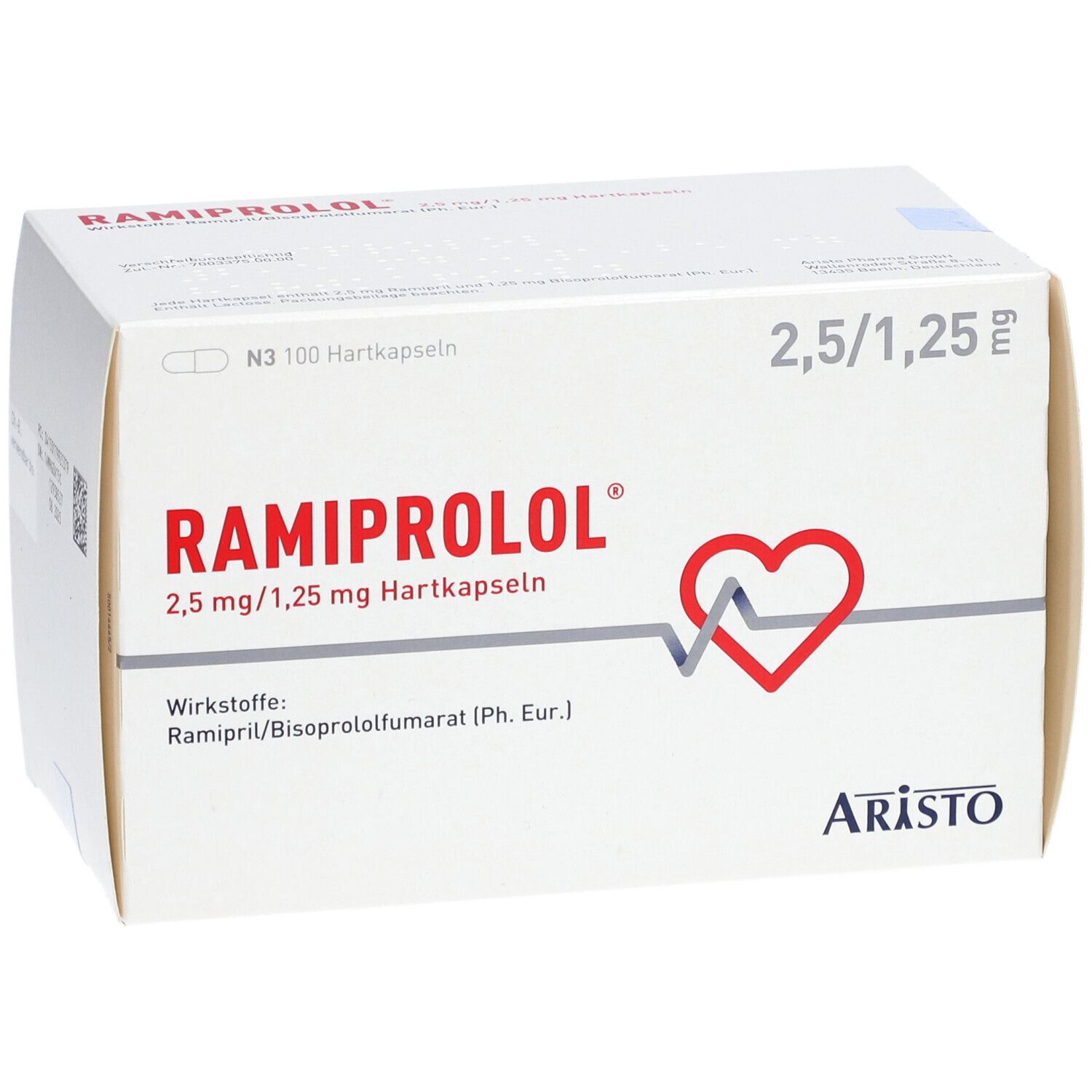 Weiße Kartonverpackung mit RAMIPROLOL-Aufdruck. Enthält 2,5 mg/1,25 mg Hartkapseln. Logo: Herz mit EKG-Linie. Marke: Aristo.