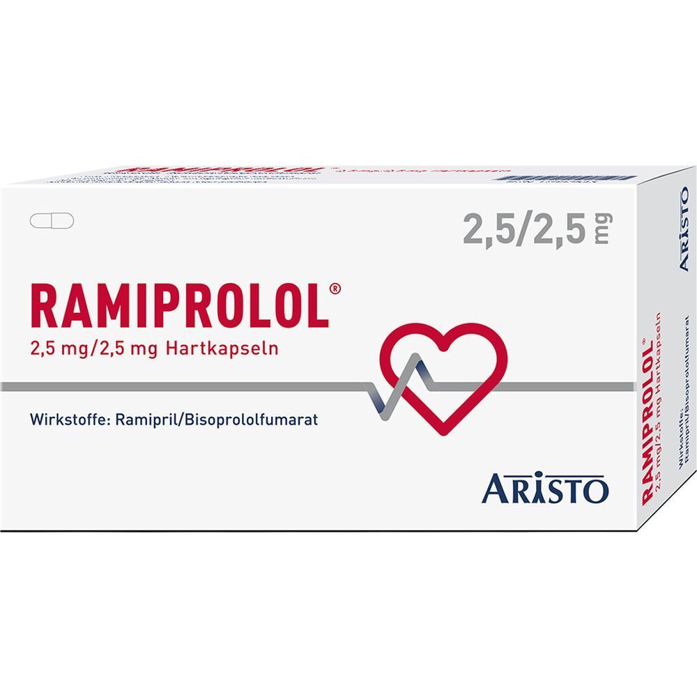 Weiße Schachtel mit RAMIPROLOL 2,5 mg/2,5 mg Hartkapseln. Rotes Herz-EKG-Symbol. Marke Aristo.