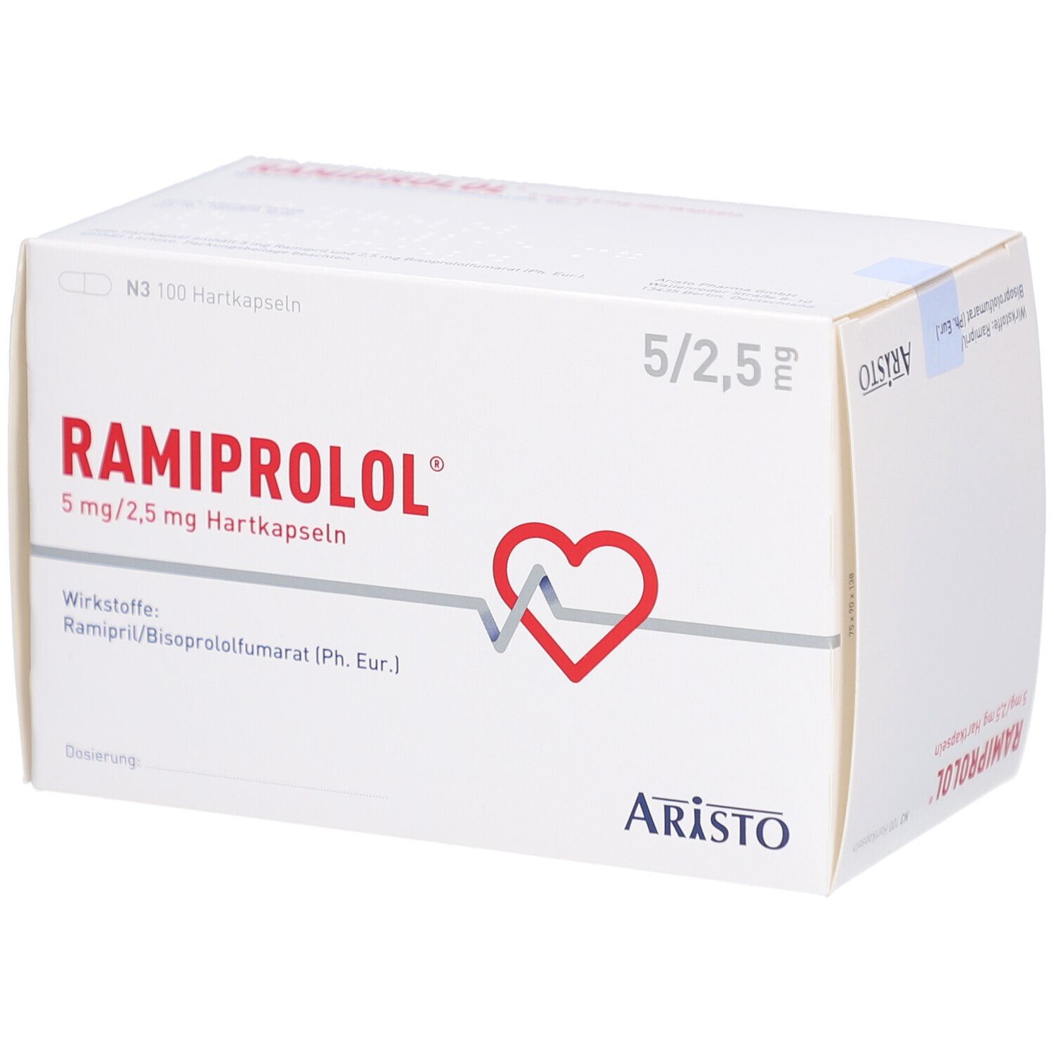 Weiße Arzneimittelverpackung mit rotem Herz-Symbol und Produktnamen RAMIPROLOL. Enthält 100 Hartkapseln. Marke: Aristo.