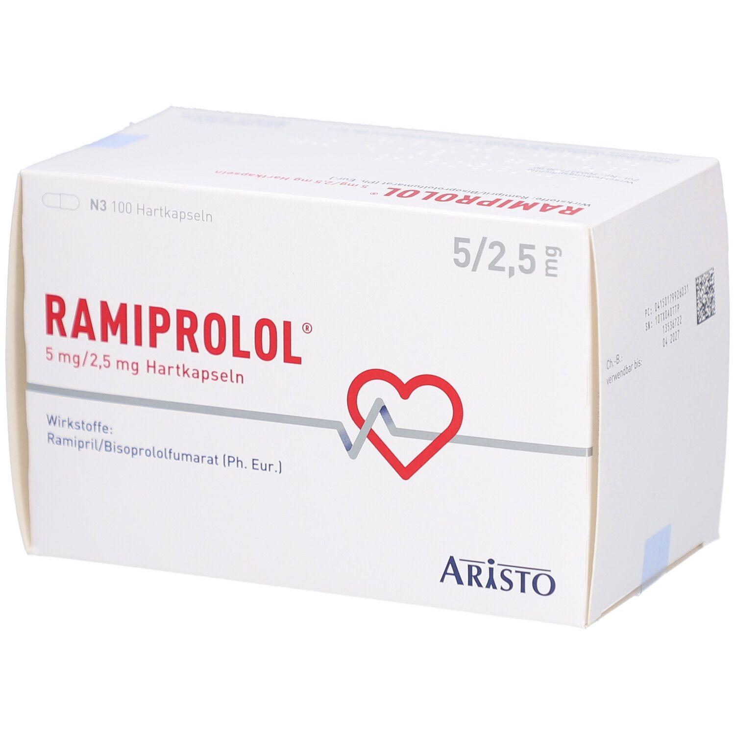 Weiße Arzneimittelverpackung mit rotem Herz-Symbol und Produktnamen RAMIPROLOL. Enthält 100 Hartkapseln. Marke: Aristo.