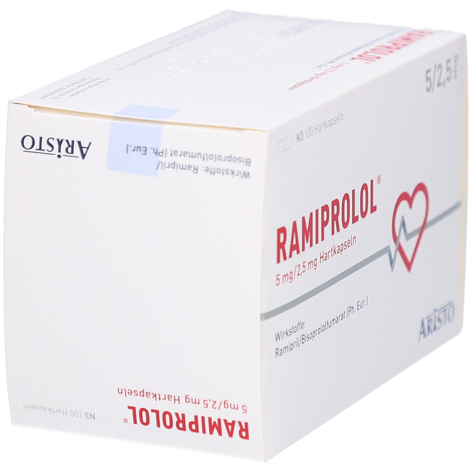 Weiße Arzneimittelverpackung mit rotem Herz-Symbol und Produktnamen RAMIPROLOL. Enthält 100 Hartkapseln. Marke: Aristo.