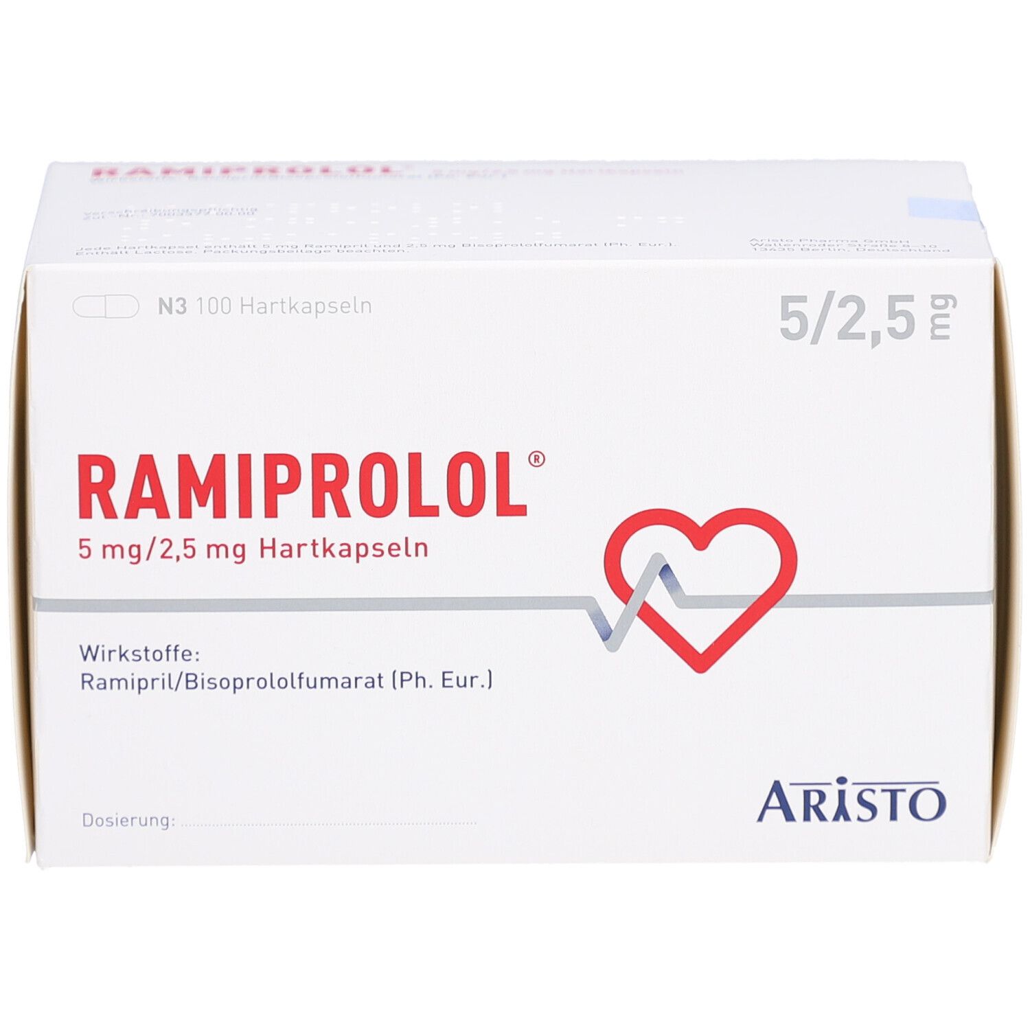 Weiße Arzneimittelverpackung mit rotem Herz-Symbol und Produktnamen RAMIPROLOL. Enthält 100 Hartkapseln. Marke: Aristo.