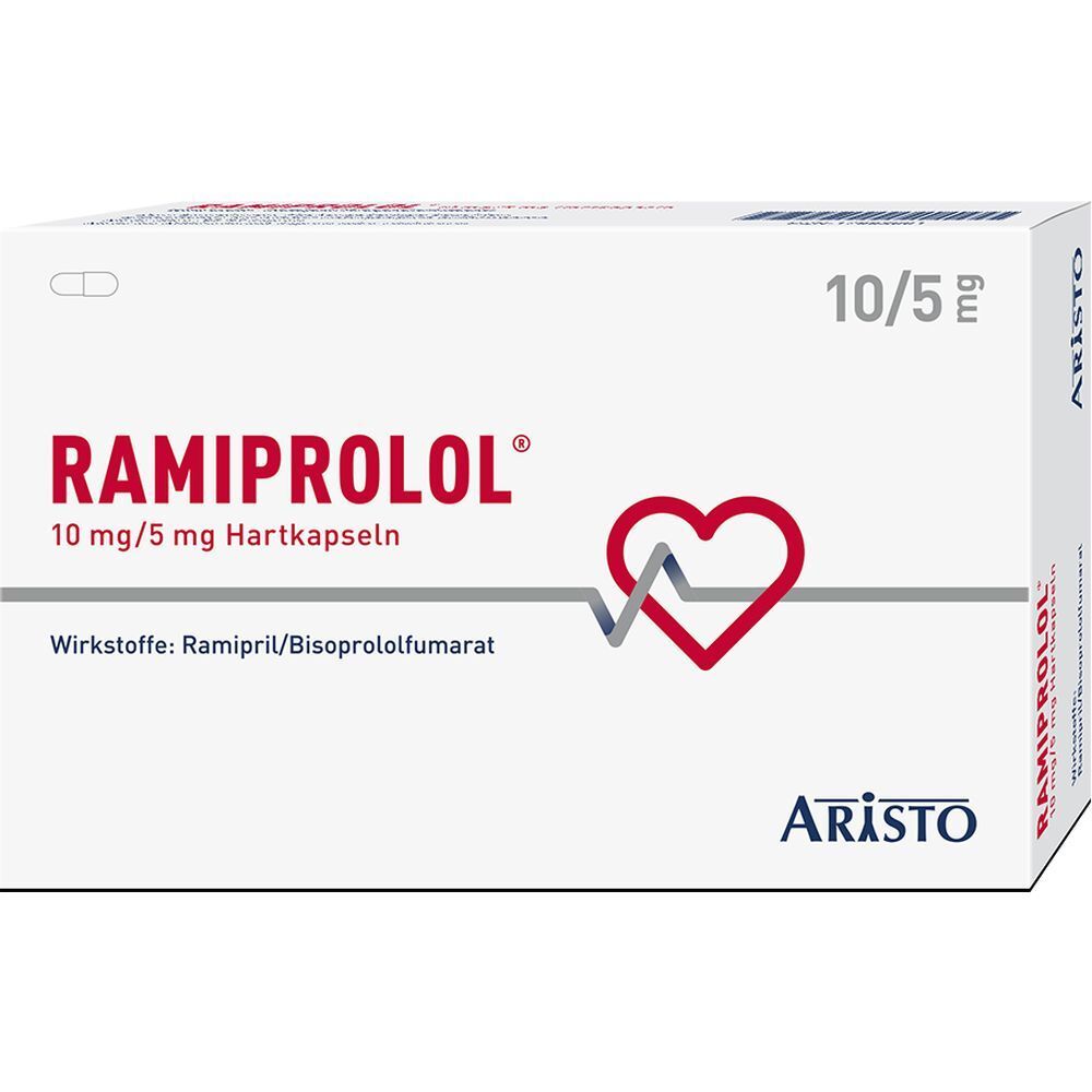 Aristo-Verpackung mit RAMIPROLOL 10 mg/5 mg Hartkapseln. Aufdruck: Herzsymbol, Wirkstoffe, Dosierung.