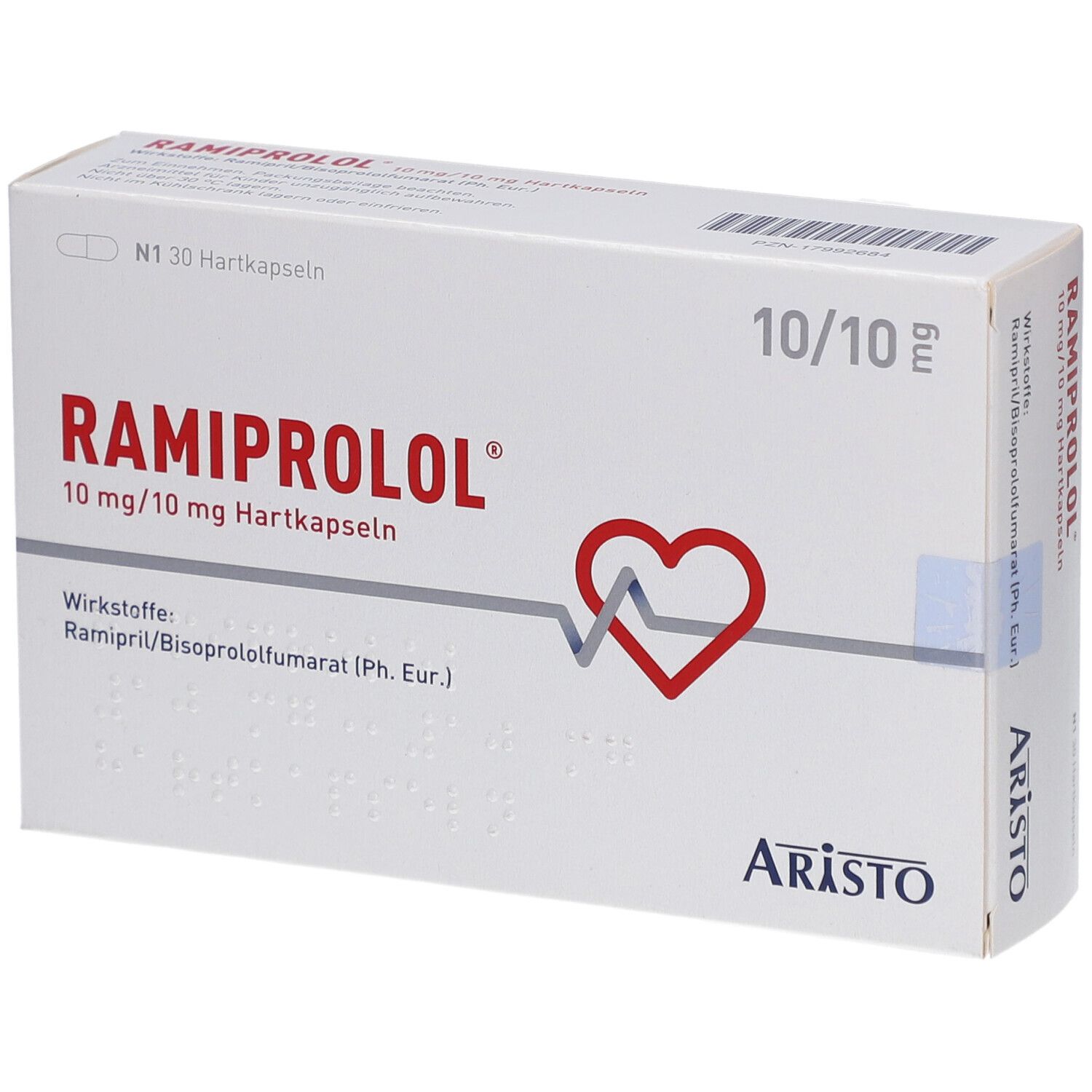 Weiße Schachtel mit RAMIPROLOL 10 mg/10 mg Hartkapseln. Rotes Herz-Symbol. Marke: ARISTO. Text: 10/10 mg, N1 30 Hartkapseln.