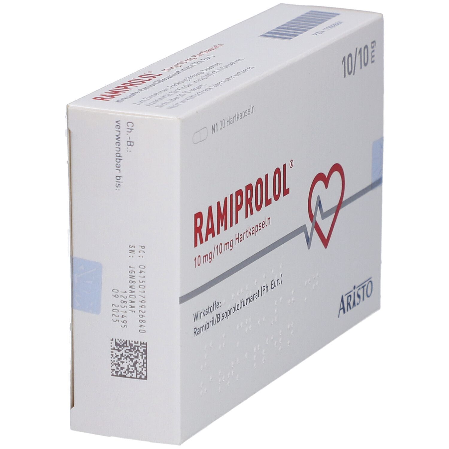 Schachtel RAMIPROLOL 10 mg/10 mg Hartkapseln, schräg. Rotes Herz-Symbol. Marke: ARISTO. Text: 10/10 mg, N1 30 Hartkapseln.