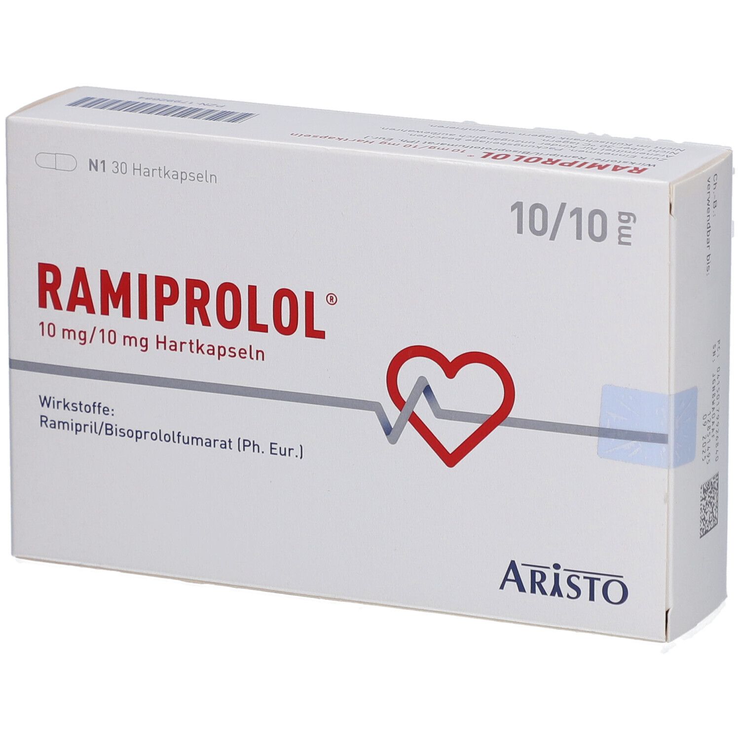 Weiße Schachtel mit RAMIPROLOL 10 mg/10 mg Hartkapseln. Rotes Herz-Symbol. Marke: ARISTO. Text: 10/10 mg, N1 30 Hartkapseln.