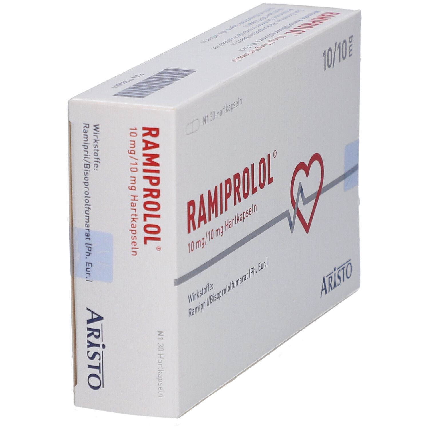 Schachtel RAMIPROLOL 10 mg/10 mg Hartkapseln, schräg. Rotes Herz-Symbol. Marke: ARISTO. Text: 10/10 mg, N1 30 Hartkapseln.