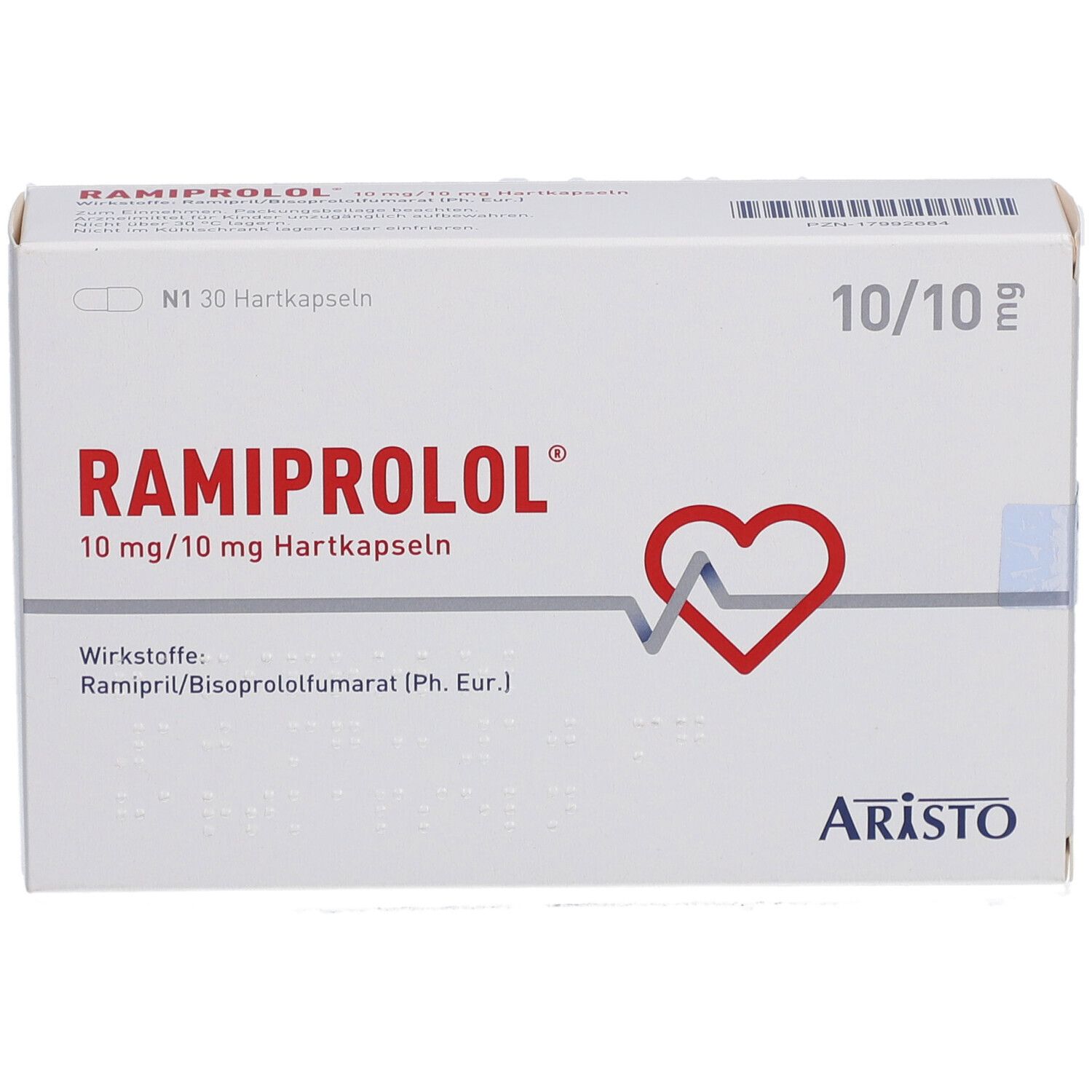 Weiße Schachtel mit RAMIPROLOL 10 mg/10 mg Hartkapseln. Rotes Herz-Symbol. Marke: ARISTO. Text: 10/10 mg, N1 30 Hartkapseln.