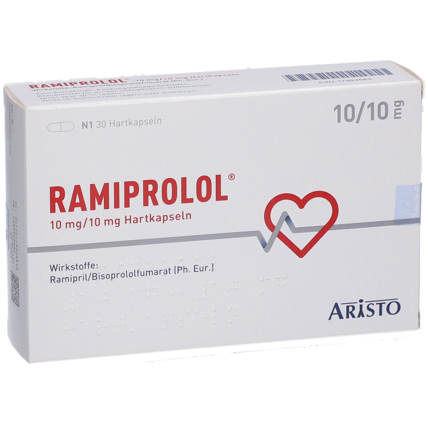 Weiße Schachtel mit RAMIPROLOL 10 mg/10 mg Hartkapseln. Rotes Herz-Symbol. Marke: ARISTO. Text: 10/10 mg, N1 30 Hartkapseln.