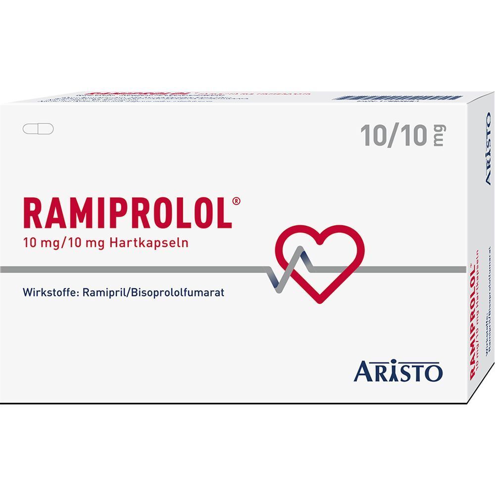 Weiße Arzneimittelverpackung mit roter Aufschrift RAMIPROLOL 10 mg/10 mg Hartkapseln. Logo: Herz mit Wellenlinie. Marke: ARISTO.