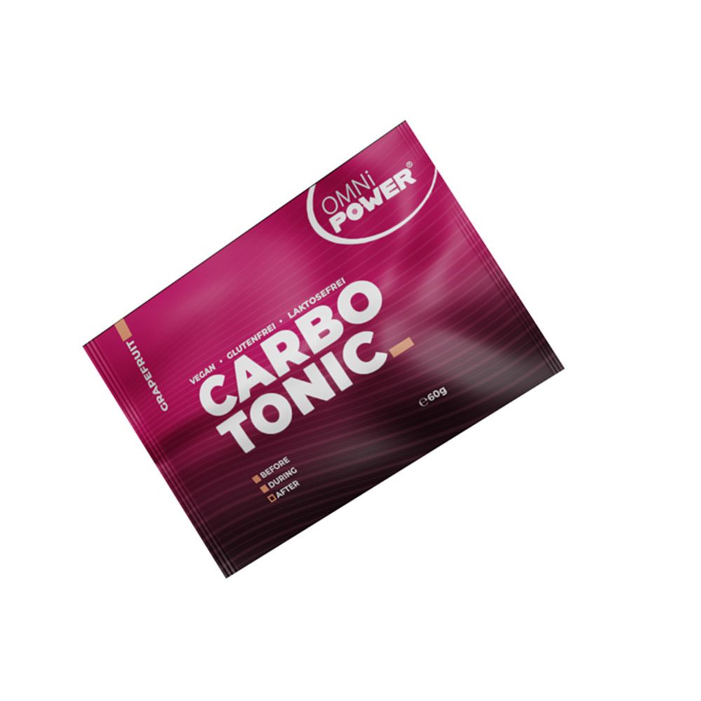 Beutel mit "OMNi-POWER CarboTonic". Rosa-roter Farbverlauf. Text: "Grapefruit", "Vegan", "Glutenfrei", "Laktosefrei".