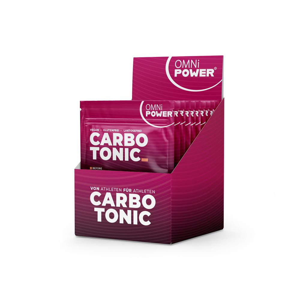 Verkaufsdisplay mit "OMNi-POWER CarboTonic" Beuteln. Rosa-roter Karton. Text: "Für Athleten". Logo "OMNi POWER".