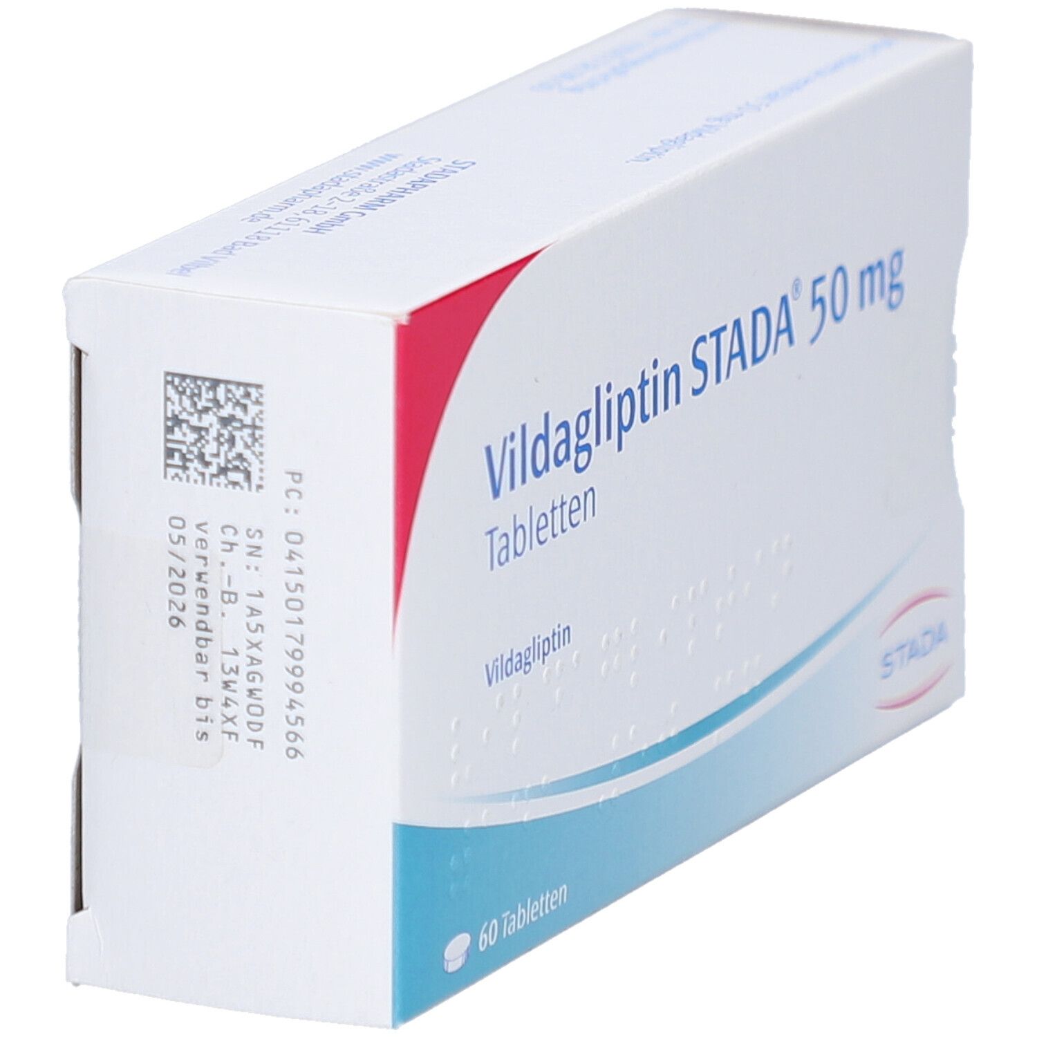 Vildagliptin STADA 50 mg Tabletten-Packung. Seitenansicht. Weiß, blau und rot. 60 Tabletten. STADA-Logo.