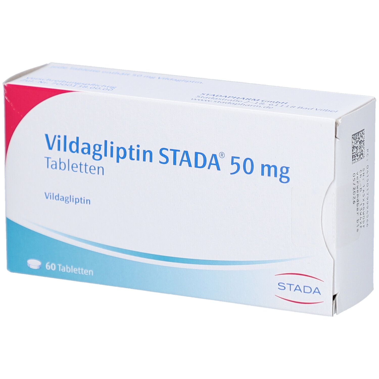 Vildagliptin STADA 50 mg Tabletten-Packung. Weiß, blau und rot. 60 Tabletten. STADA-Logo. QR-Code.