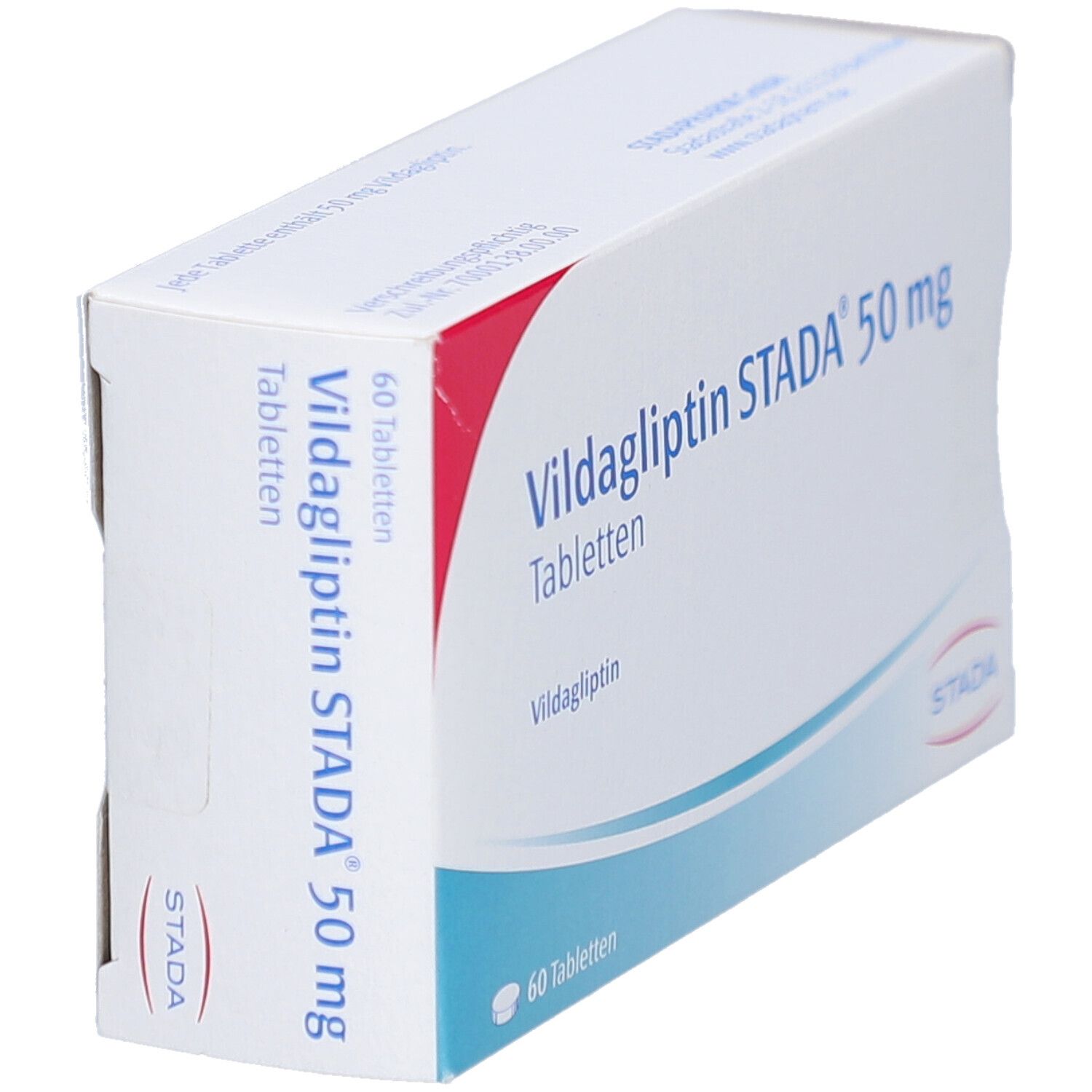 Vildagliptin STADA 50 mg Tabletten-Packung. Schrägansicht. Weiß, blau und rot. 60 Tabletten. STADA-Logo.