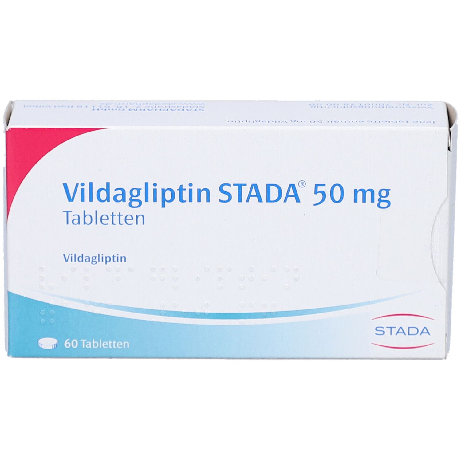 Vildagliptin STADA 50 mg Tabletten-Packung. Weiß, blau und rot. 60 Tabletten. STADA-Logo.