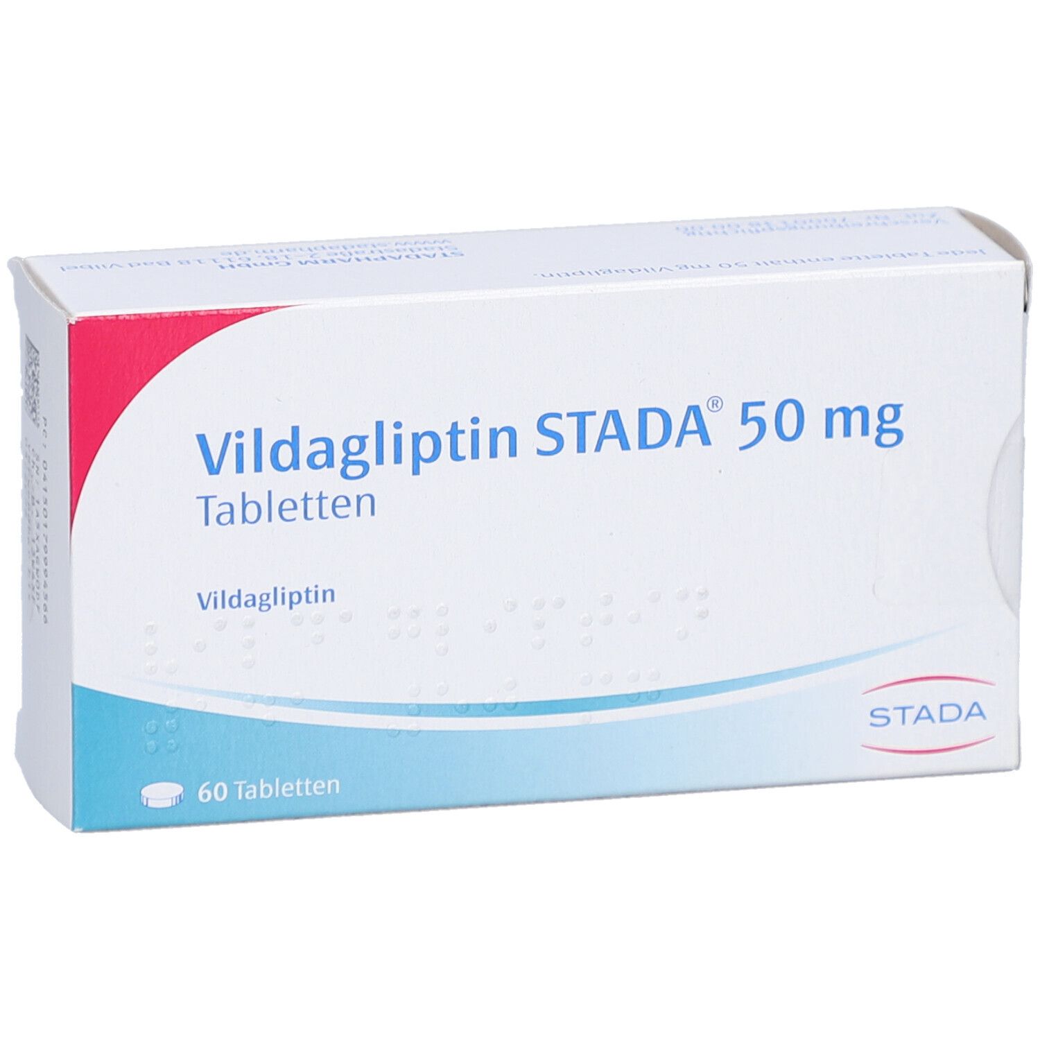 Vildagliptin STADA 50 mg Tabletten-Packung. Weiß, blau und rot. 60 Tabletten. STADA-Logo.