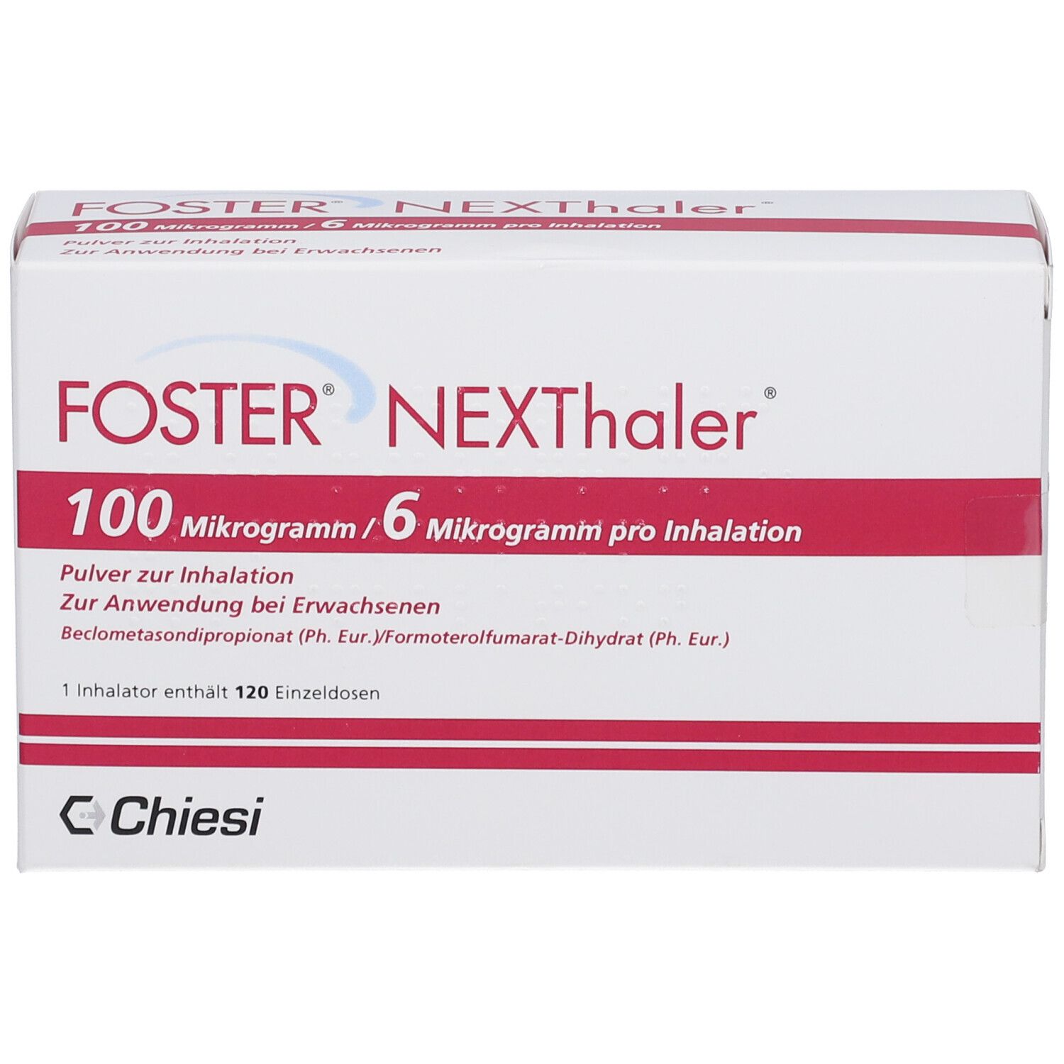 Weiße Schachtel mit roter Schrift. FOSTER NEXThaler, 100 Mikrogramm/6 Mikrogramm pro Inhalation. Enthält 120 Einzeldosen. Chiesi Logo.