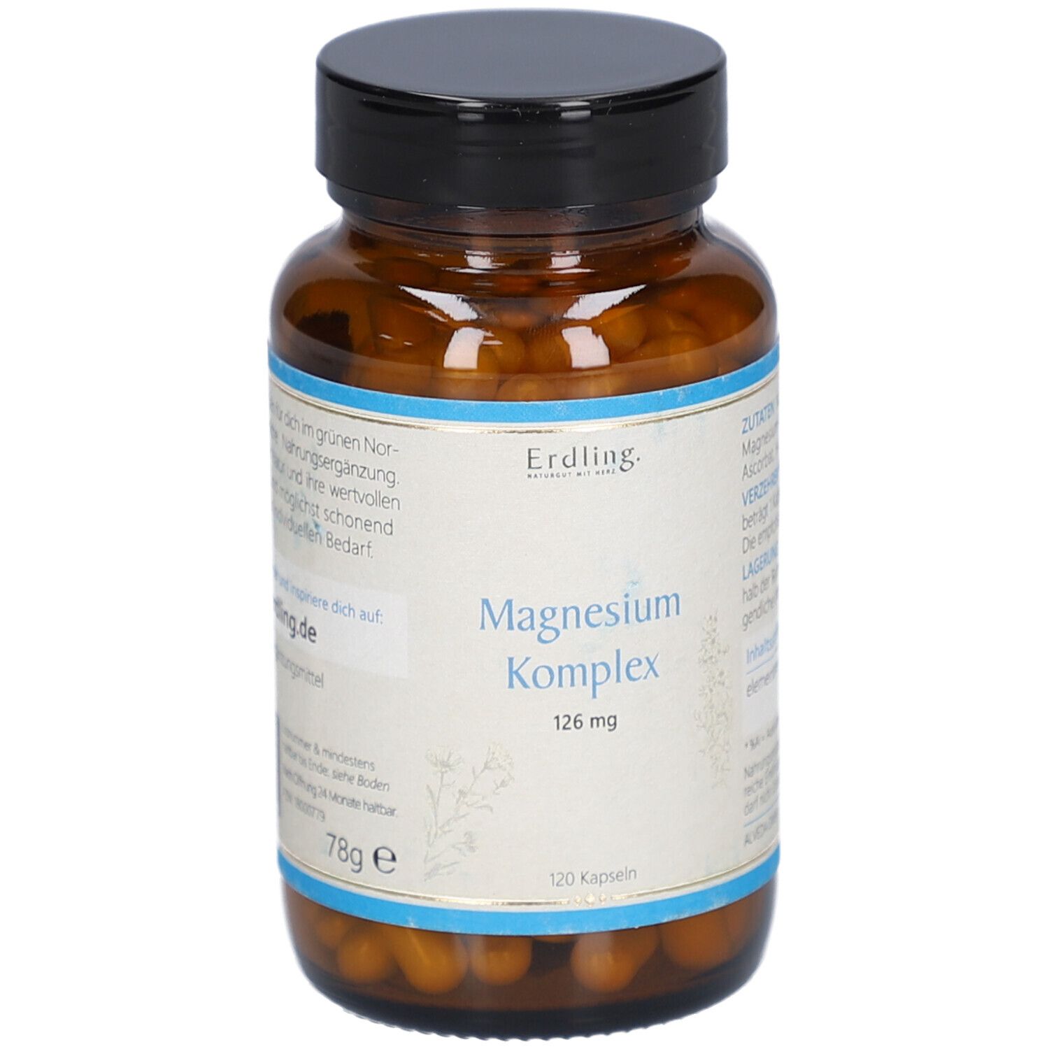 Braune Glasflasche mit schwarzen Deckel. Etikett mit Produktnamen: Magnesium Komplex. 120 Kapseln. Erdling.