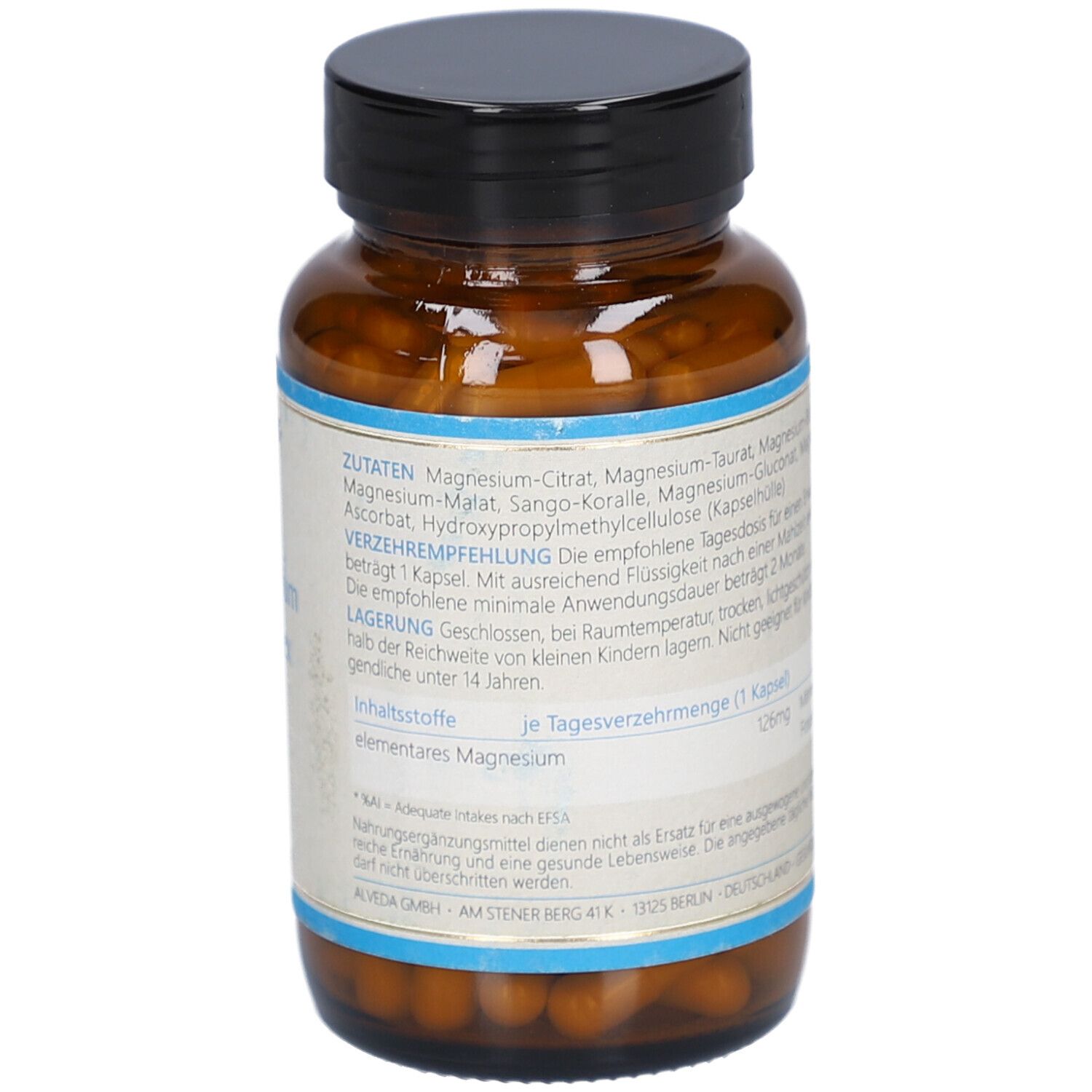 Braune Glasflasche mit schwarzen Deckel. Etikett mit Produktinformationen. Kapseln sichtbar.