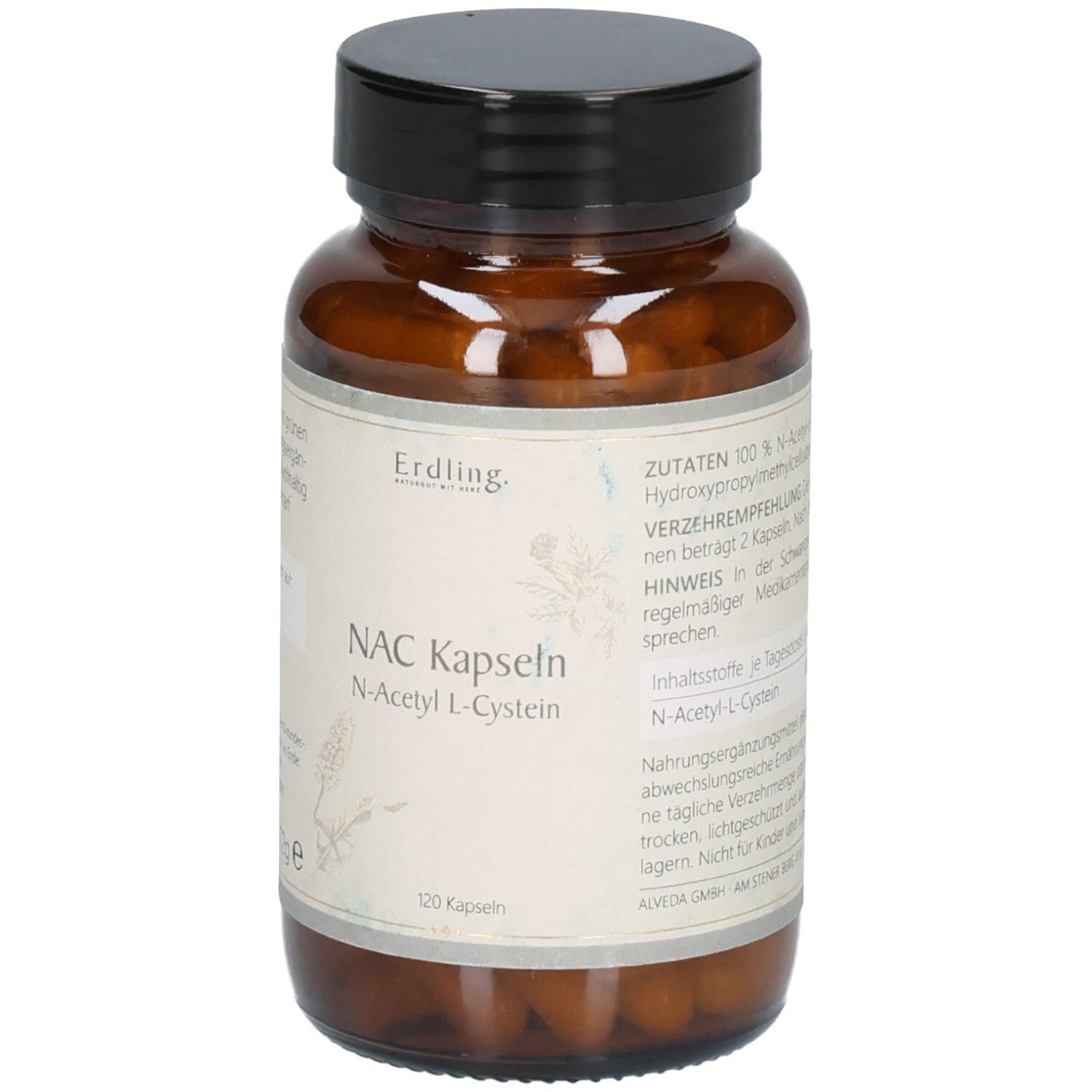 Braune Glasflasche mit schwarzem Deckel, gefüllt mit Kapseln. Vorderseite des Etiketts zeigt 'NAC Kapseln N-Acetyl L-Cystein'.