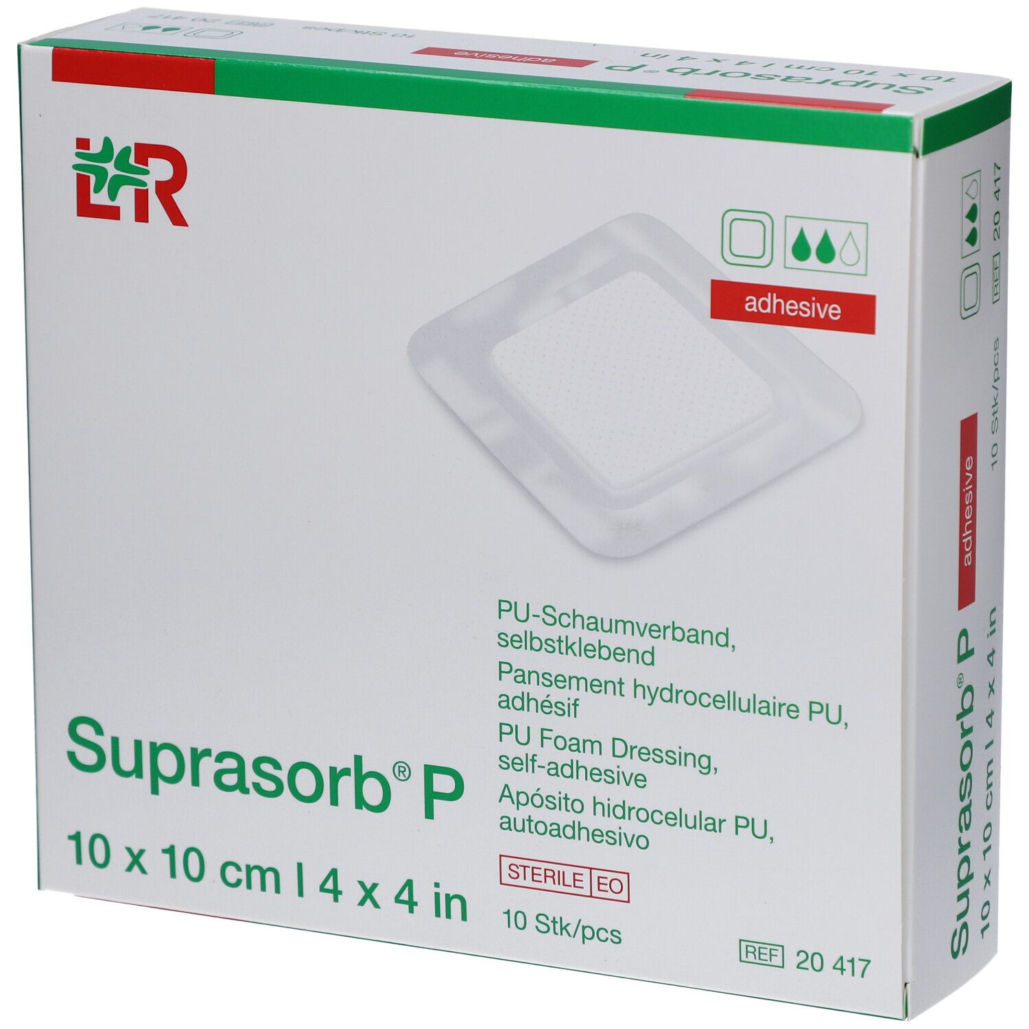 Verpackung mit Suprasorb P, 10x10 cm, selbstklebend. Quadratische Wundauflage im Karton. Logo und Produktbezeichnung.