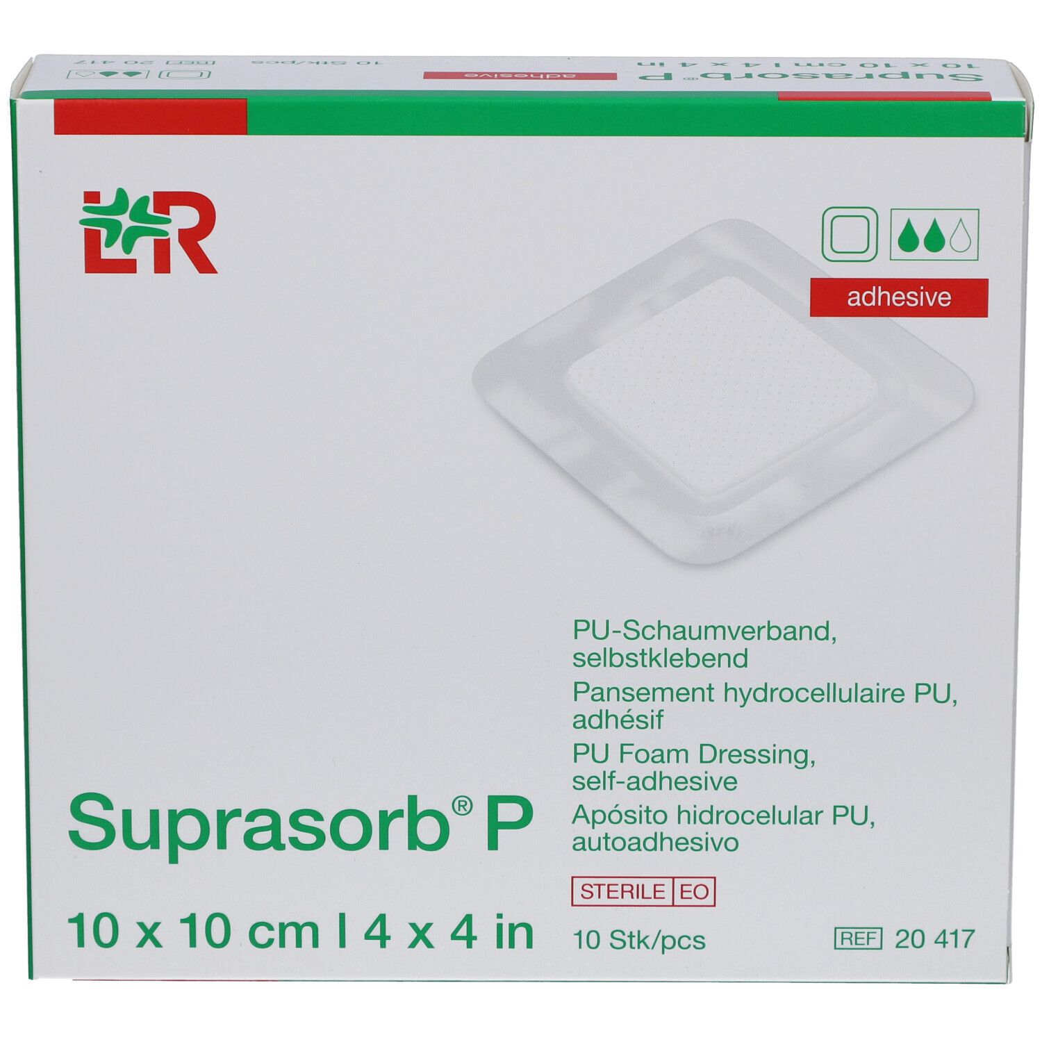 Verpackung mit Suprasorb P, 10x10 cm, selbstklebend. Quadratische Wundauflage im Karton. Logo und Produktbezeichnung.