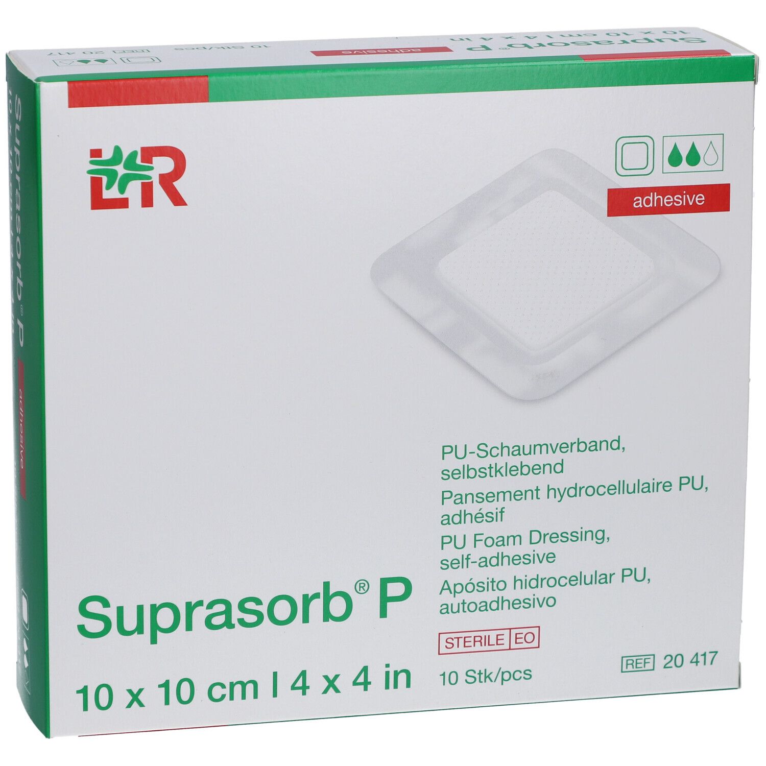 Verpackung mit Suprasorb P, 10x10 cm, selbstklebend. Quadratische Wundauflage im Karton. Logo und Produktbezeichnung.