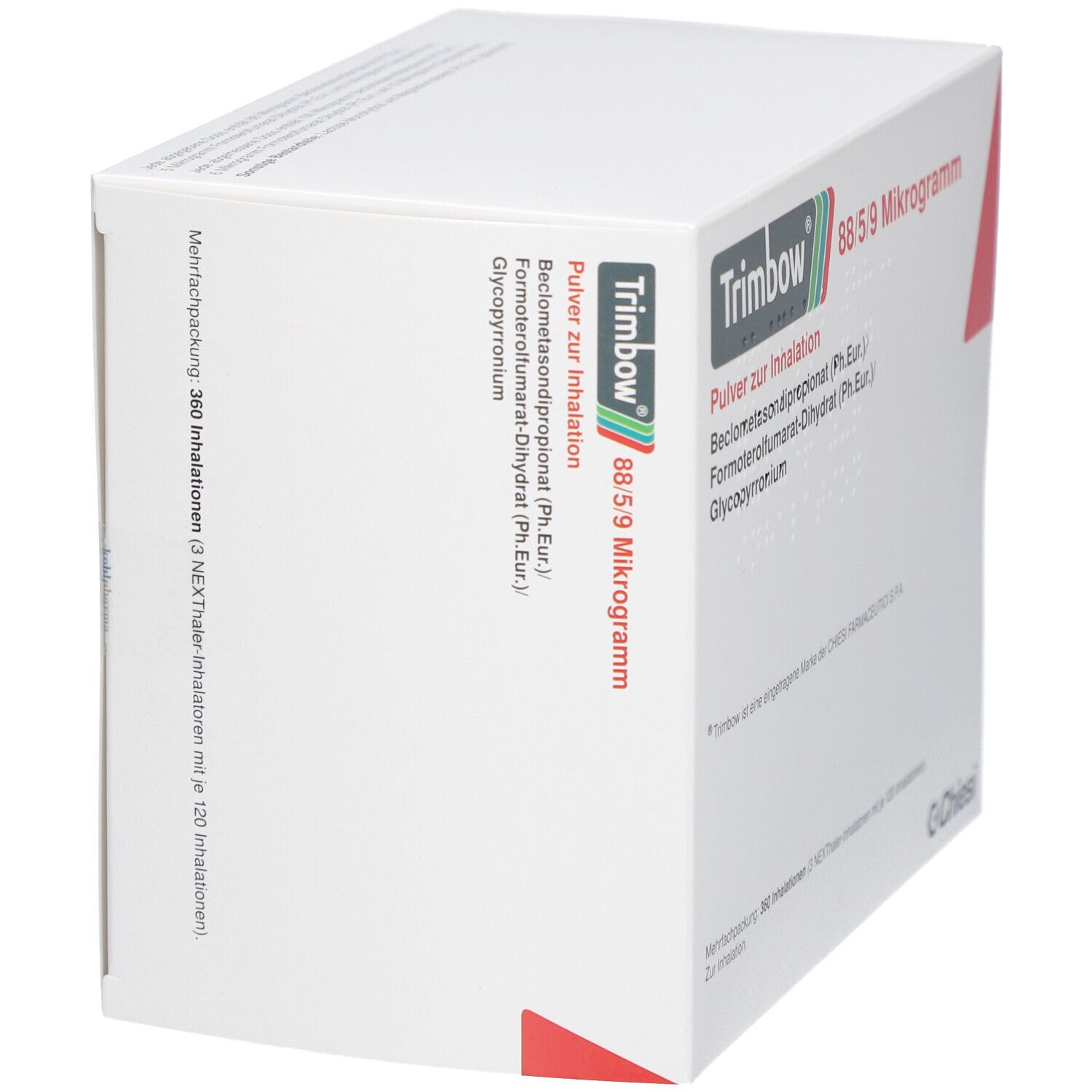 Weiße Faltschachtel, schräg von oben. Beschriftung: Trimbow 88/5/9 Mikrogramm, Pulver zur Inhalation. Roter Akzent.