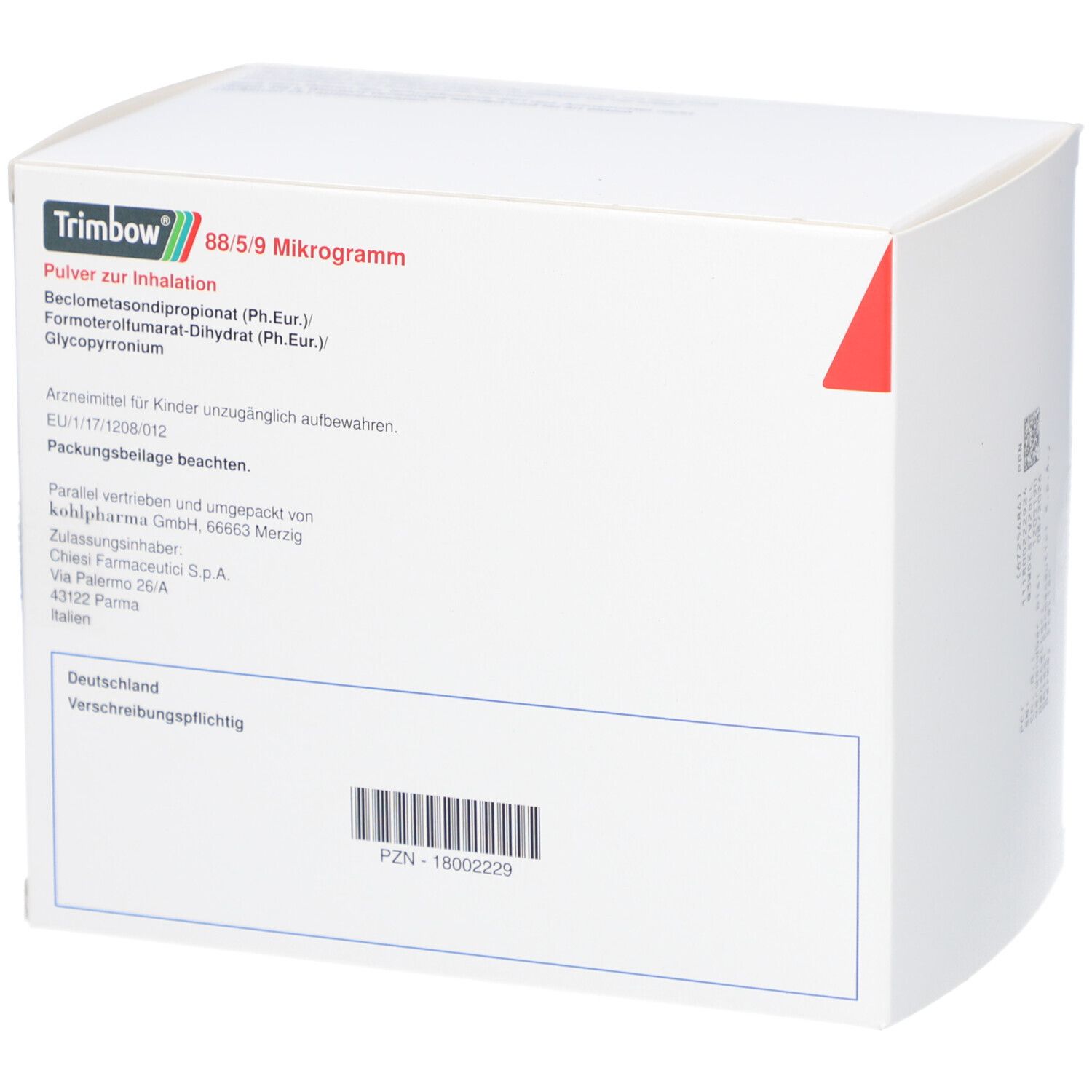 Weiße Faltschachtel, Rückseite. Beschriftung: Trimbow 88/5/9 Mikrogramm, Pulver zur Inhalation. Barcode und Herstellerinformationen.