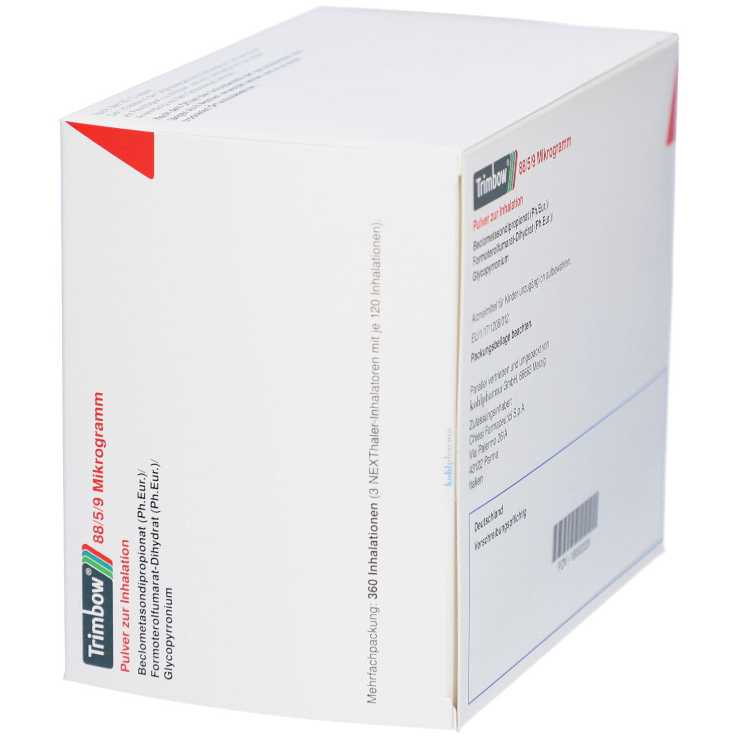 Weiße Faltschachtel, schräg. Beschriftung: Trimbow 88/5/9 Mikrogramm, Pulver zur Inhalation. Roter Akzent.
