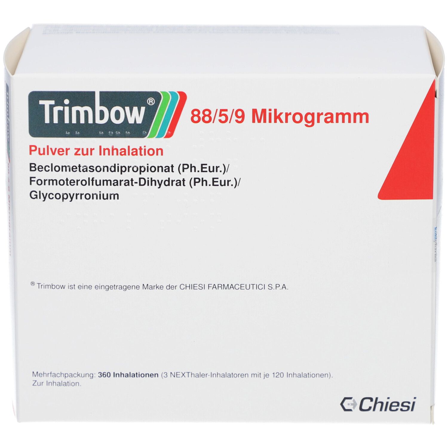 Weiße Faltschachtel. Beschriftung: Trimbow 88/5/9 Mikrogramm, Pulver zur Inhalation. Herstellerlogo und roter Akzent.