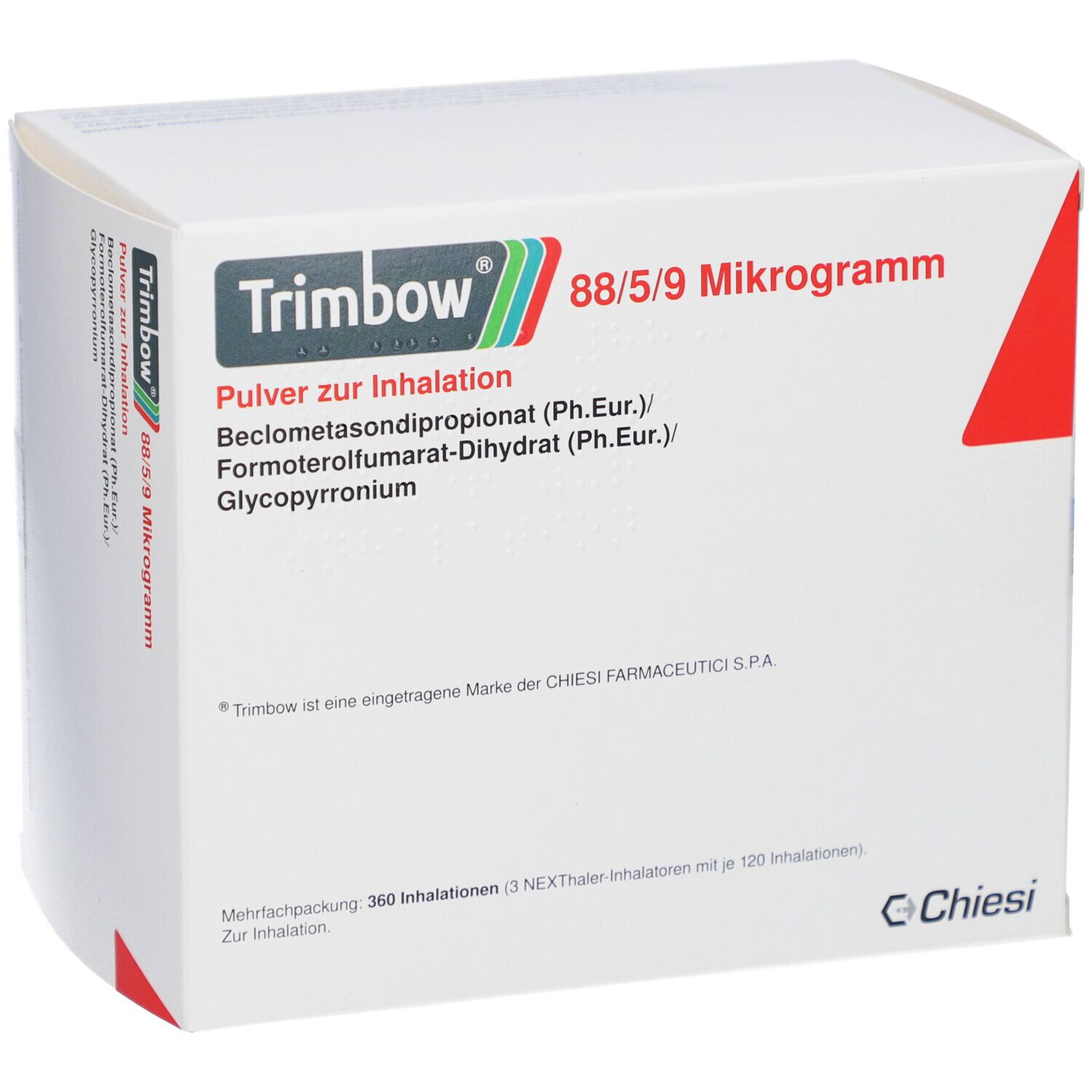 Weiße Faltschachtel. Beschriftung: Trimbow 88/5/9 Mikrogramm, Pulver zur Inhalation. Herstellerlogo und roter Akzent.