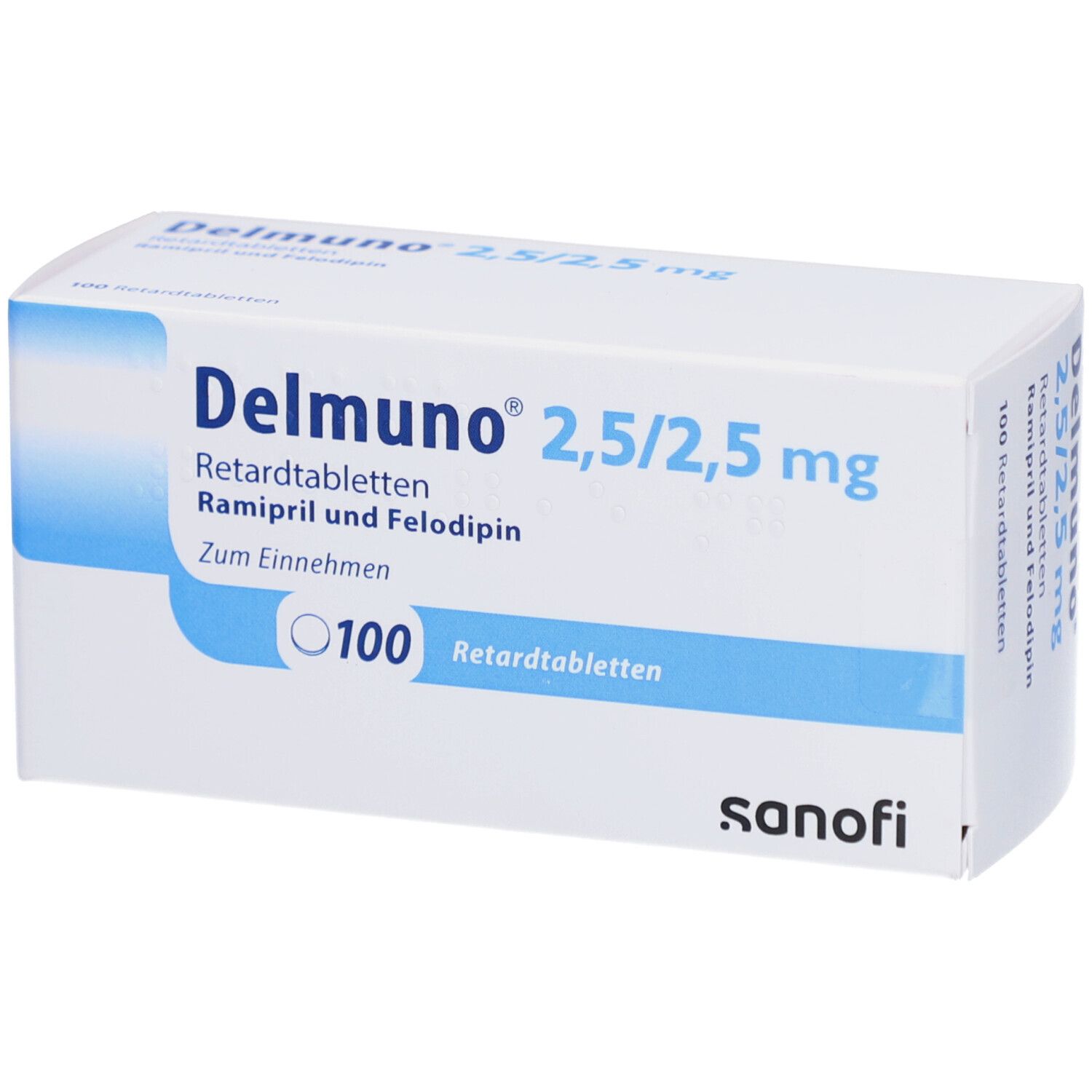 Verpackung von Delmunno 2,5/2,5 mg Retardtabletten mit 100 Stück.