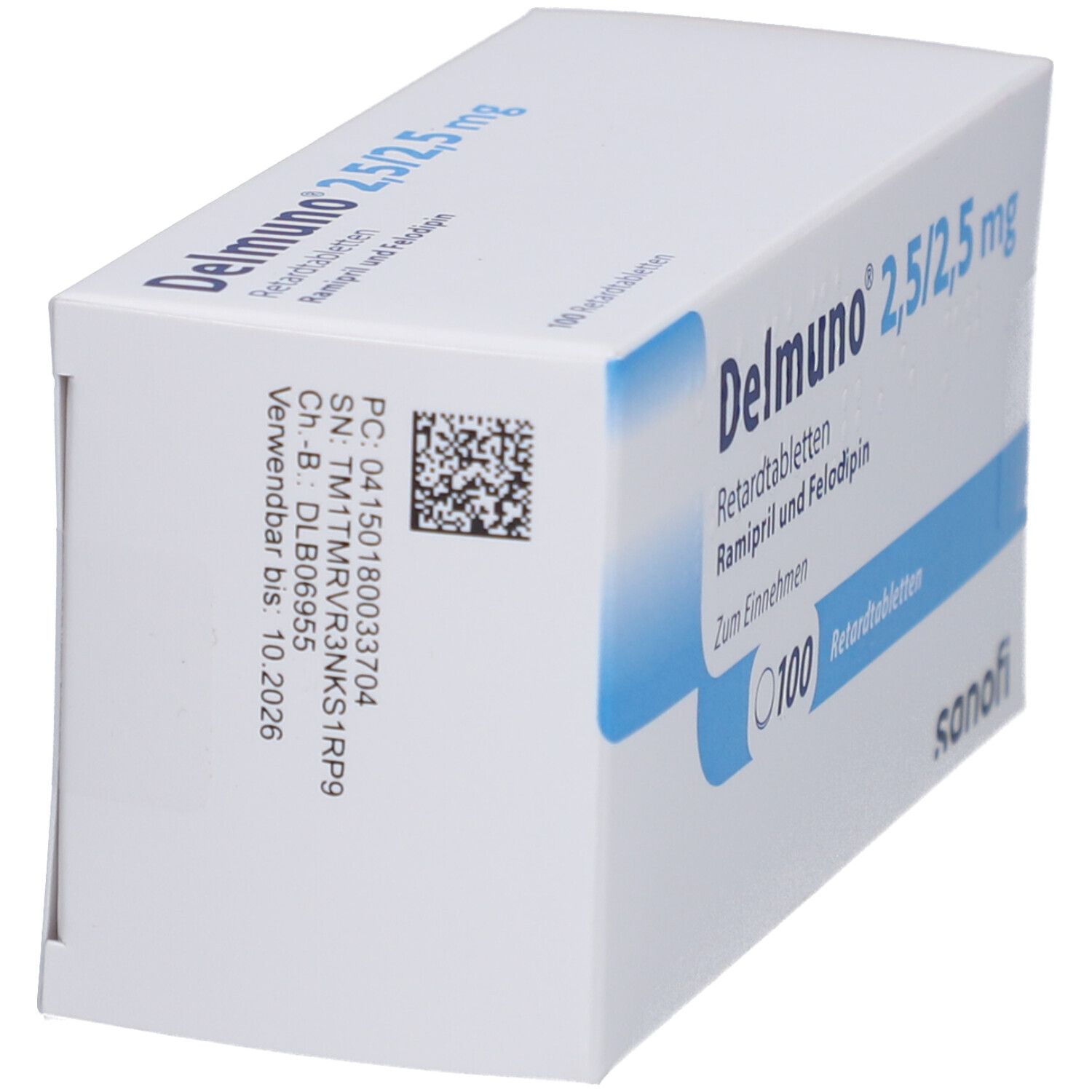 Seitenansicht der Delmunno 2,5/2,5 mg Retardtabletten Verpackung mit Chargennummer.