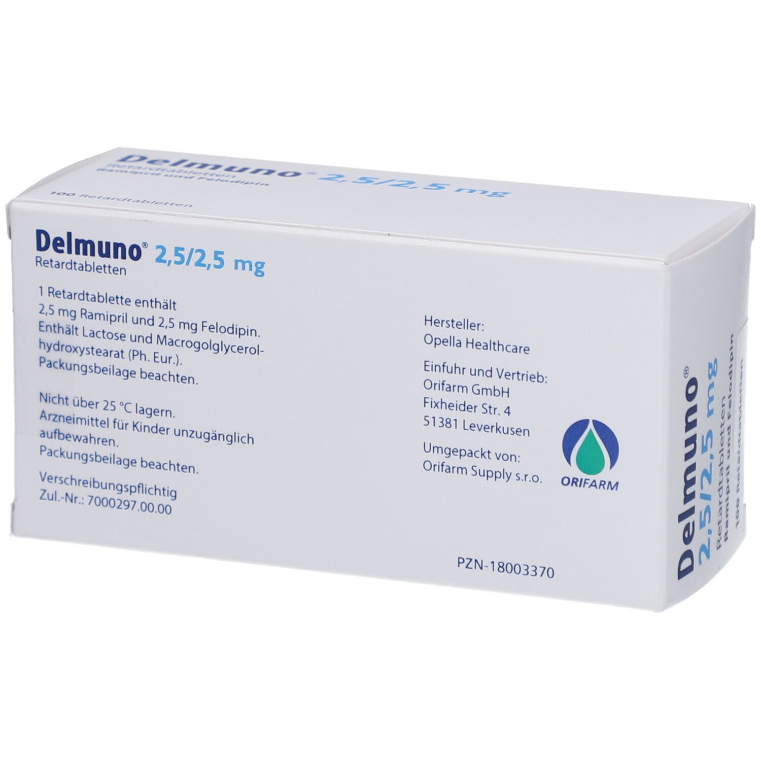 Rückseite der Delmunno 2,5/2,5 mg Retardtabletten Verpackung mit Herstellerangaben.