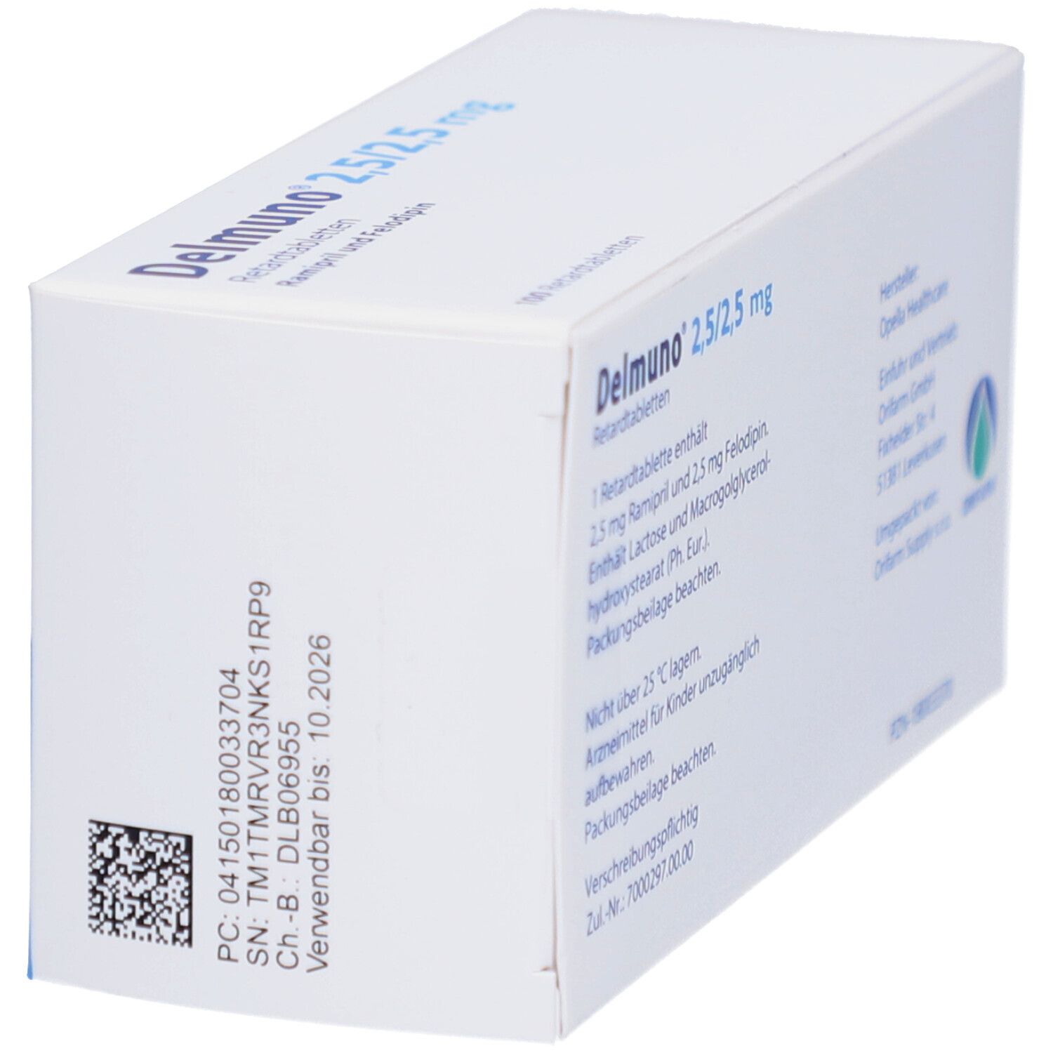 Seitenansicht der Delmunno 2,5/2,5 mg Retardtabletten Verpackung mit PZN und Verfallsdatum.