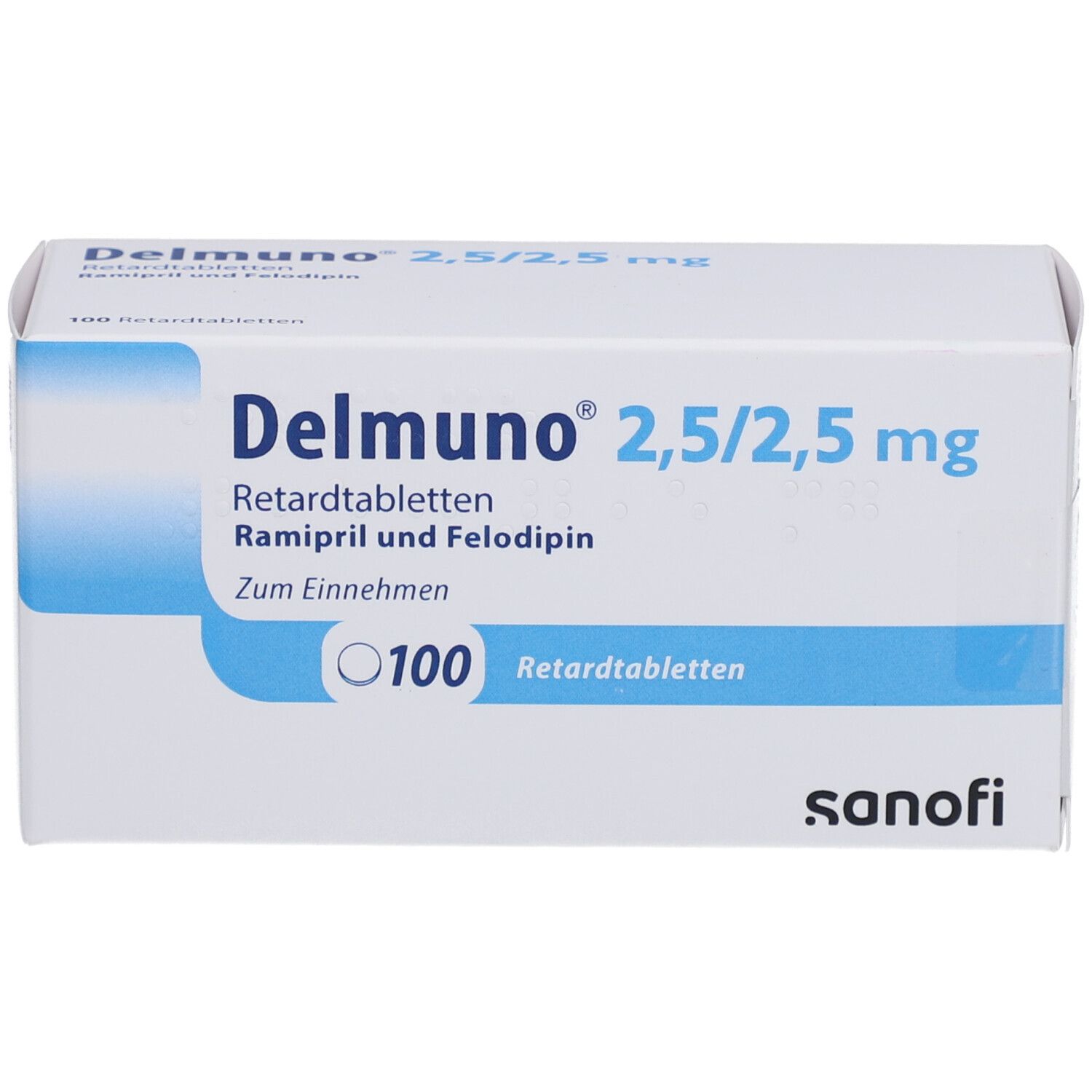Verpackung von Delmunno 2,5/2,5 mg Retardtabletten, Vorderseite mit Dosierungsangabe.